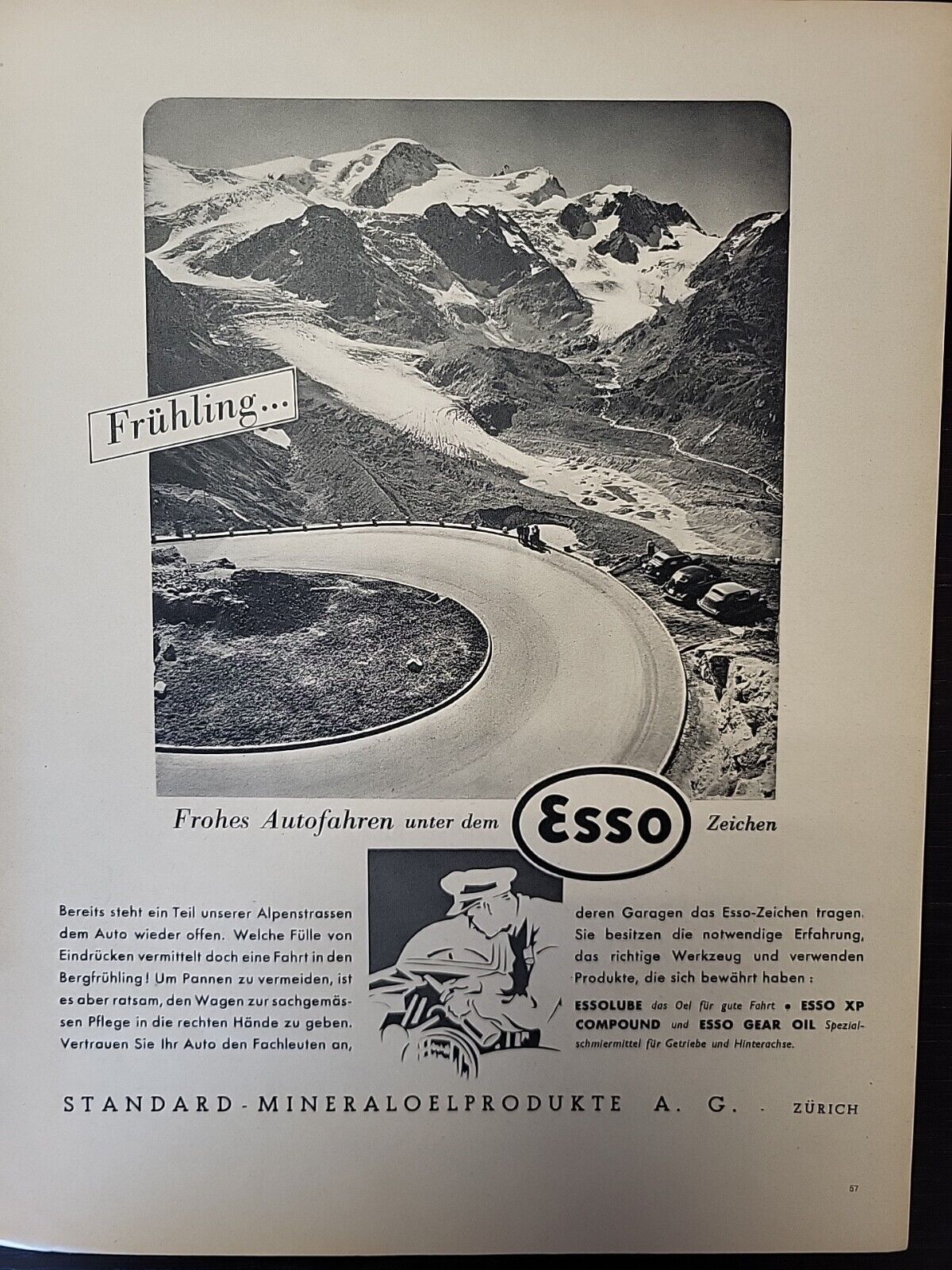 Esso Motor Oil 1947 Print Ad Du Magazine Swiss Switzerland Alps Mountains Zurich