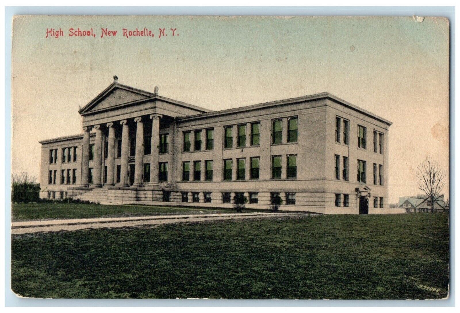 1909 High School Exterior Building Field New Rochelle New York Vintage Postcard