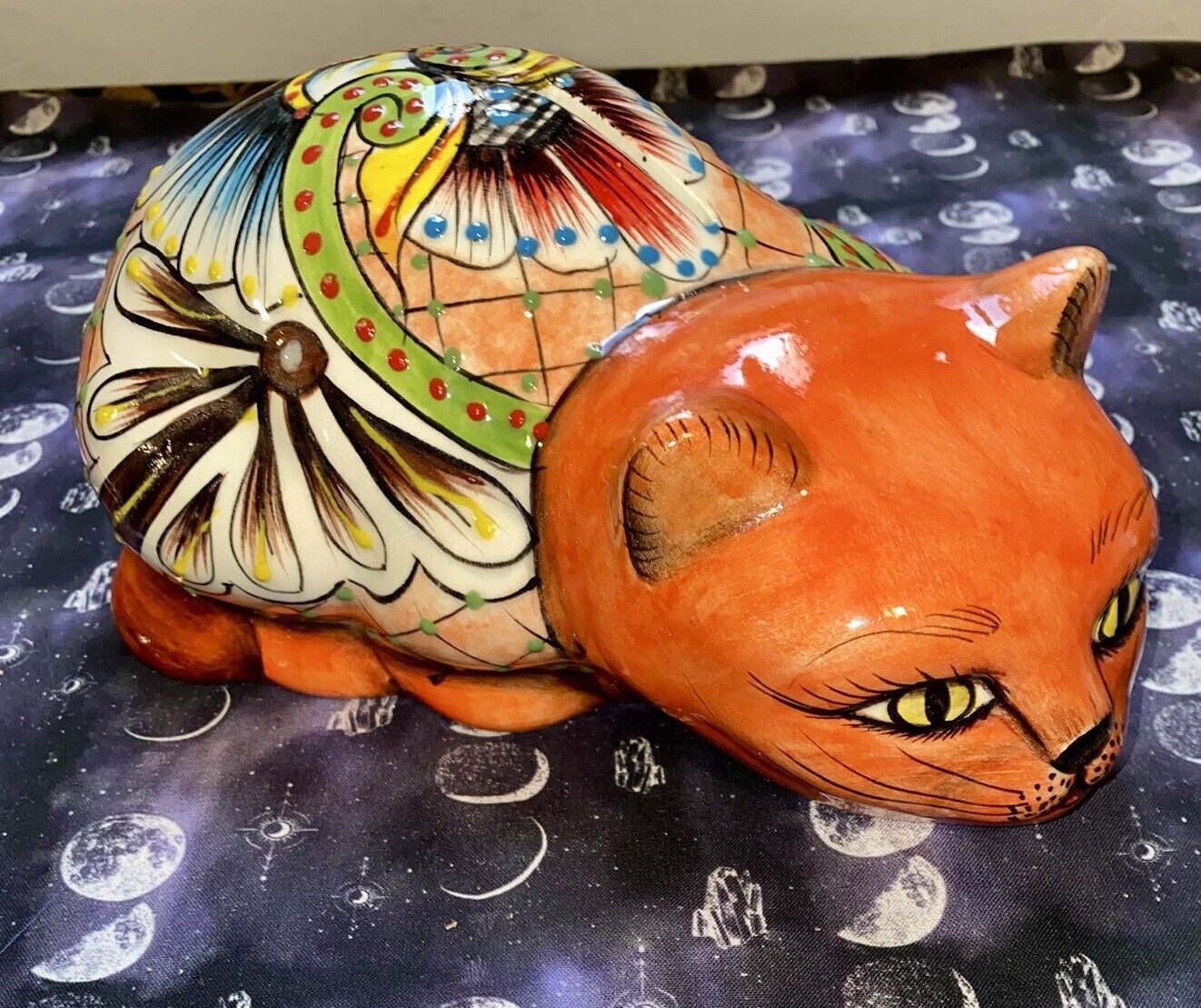 Vintage Mexican Talavera Pottery Big Piggy Bank Red Cat Hand Painted 10”x4”x5”