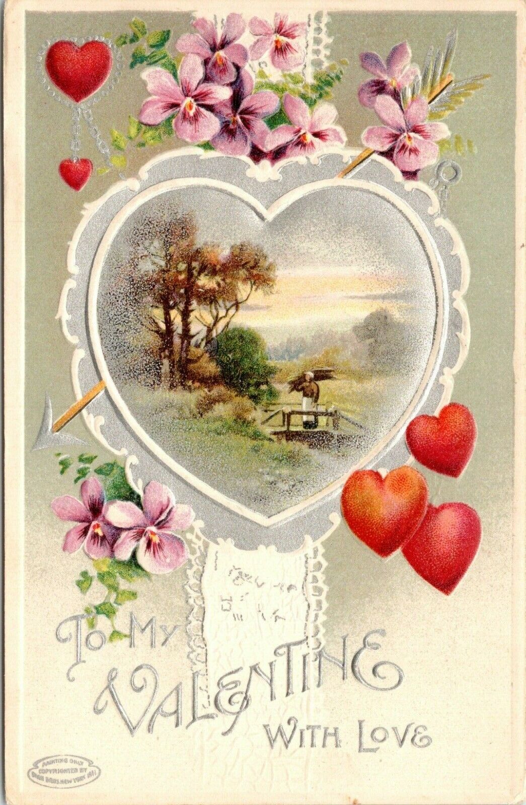 C.1910s Valentines Day WITH LOVE Scenic Town View Heart Inset Postcard 910