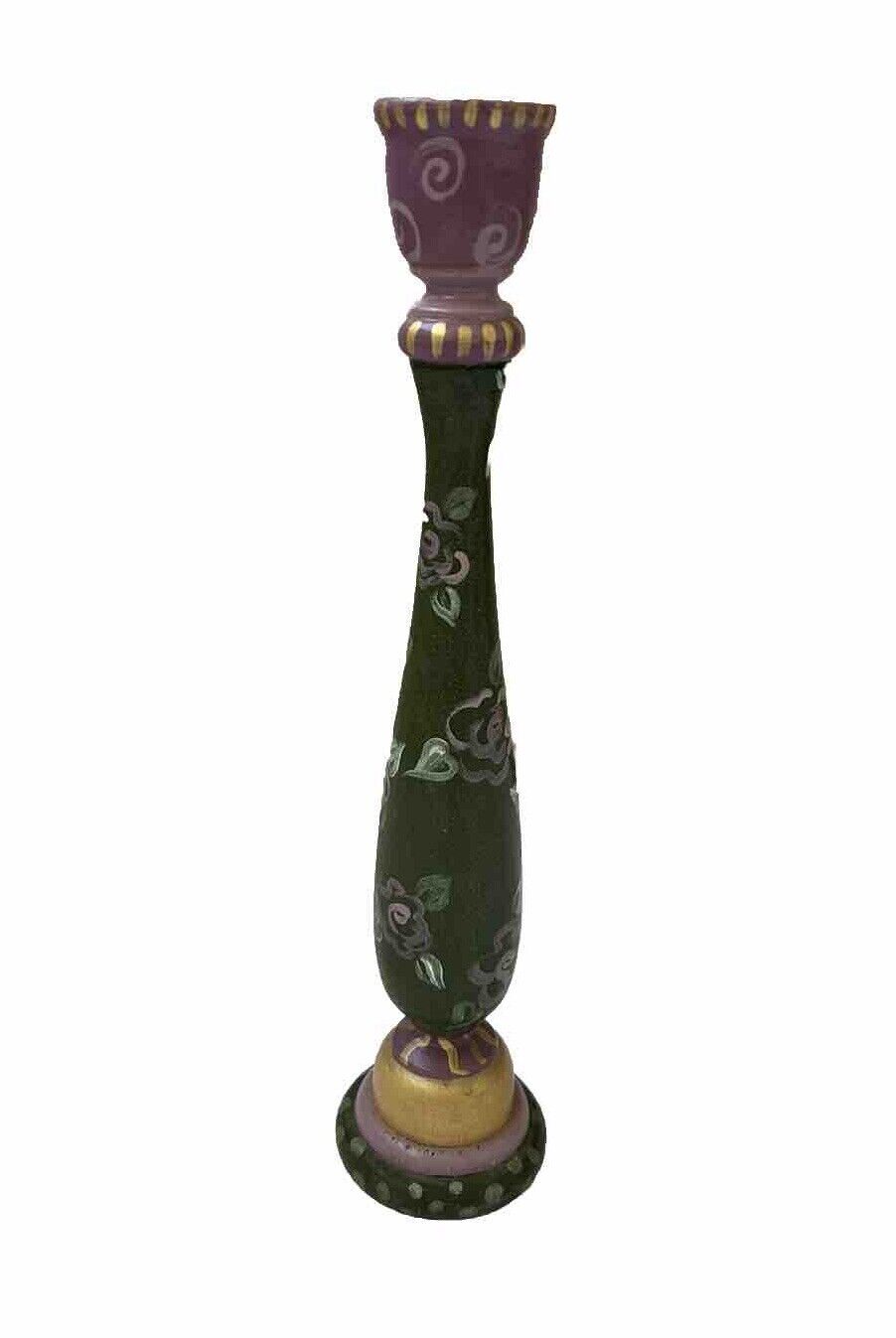 Folk Art Vintage Hand Painted Wooden Candlestick Holder ~ Floral Roses