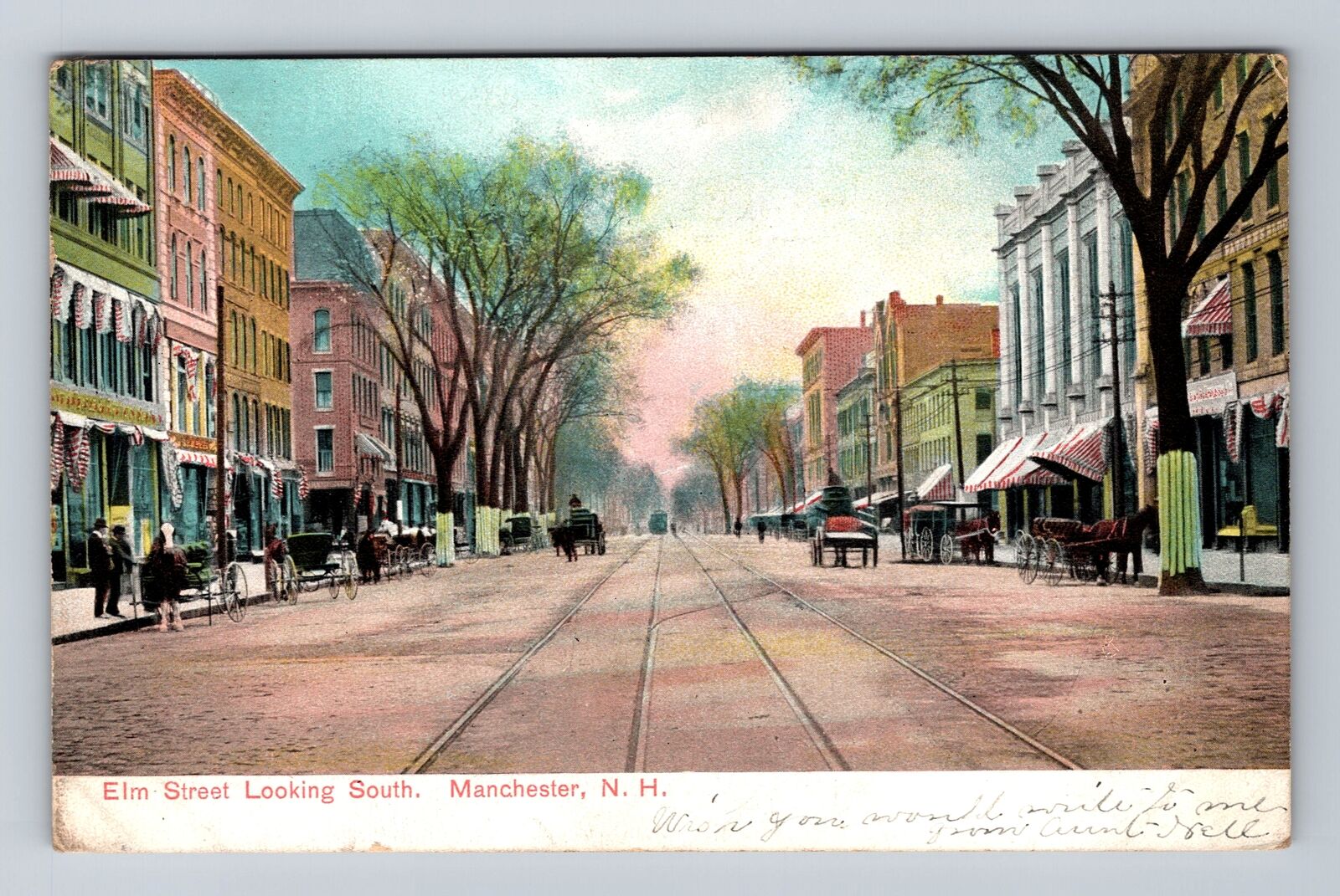 Manchester NH-New Hampshire, Elm Street Looking South, Antique Vintage Postcard