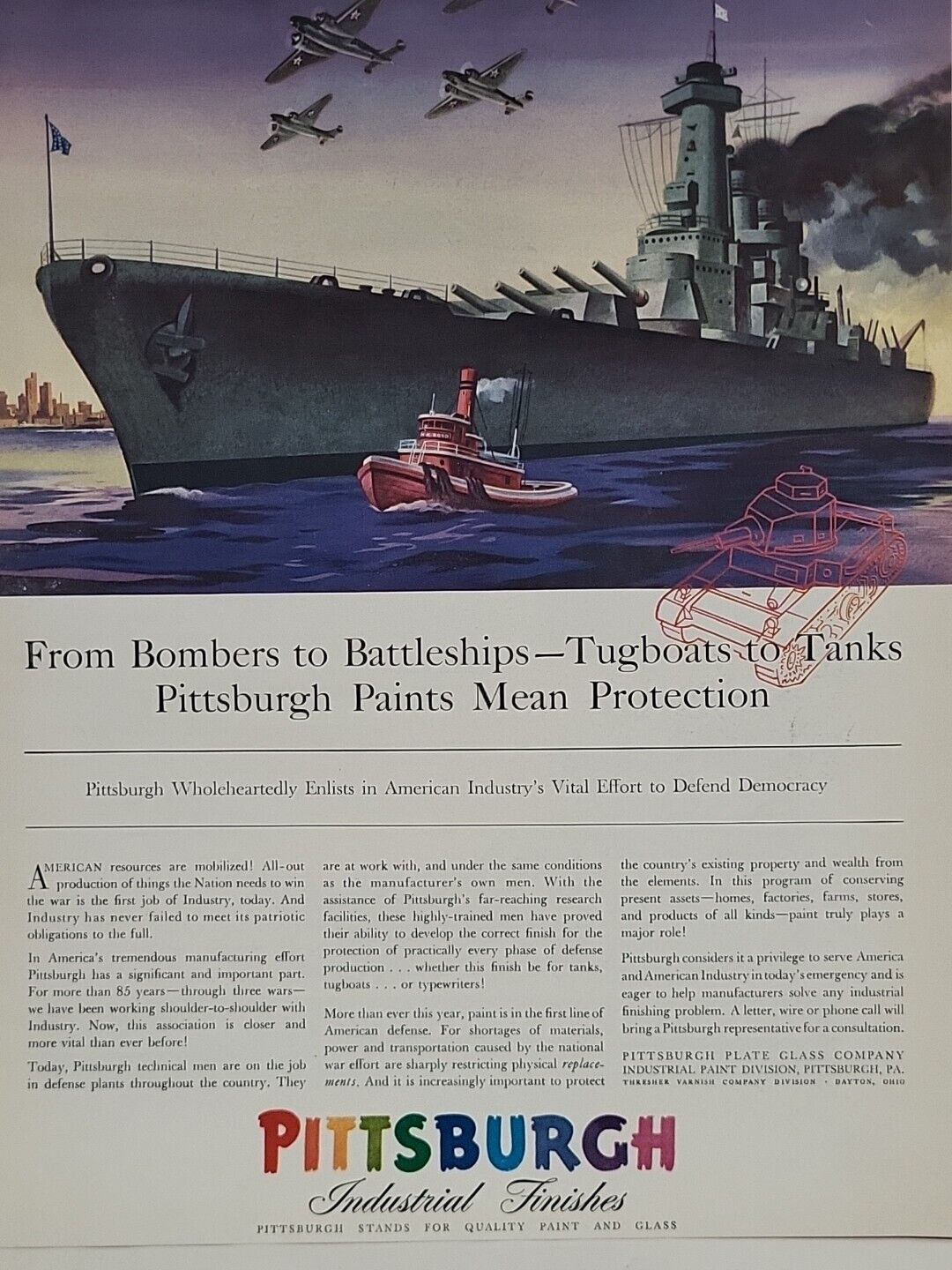 1942 Pittsburgh Industrial Finishes Fortune WW2 Print Ad Q1 Battleship planes