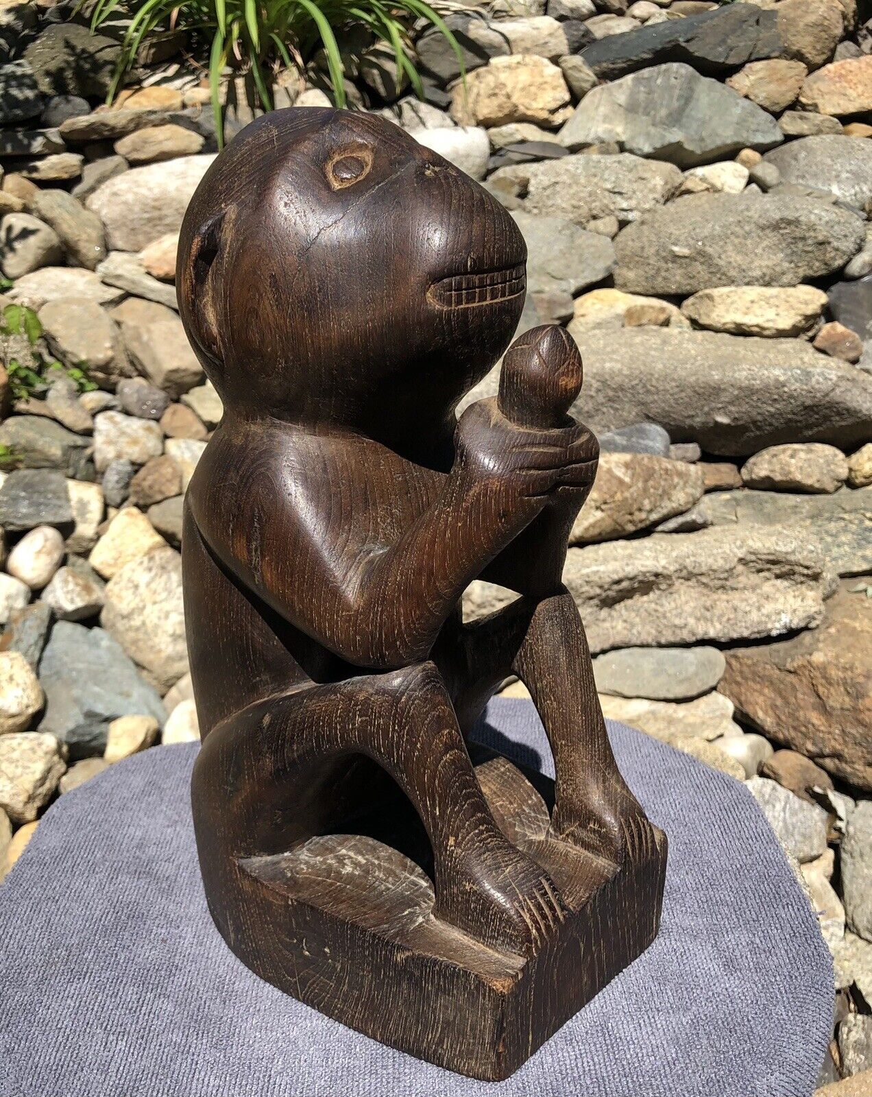 Antique Primitive Hand Carved Solid Wood Monkey & Nut Folk Art Sculpture Statue