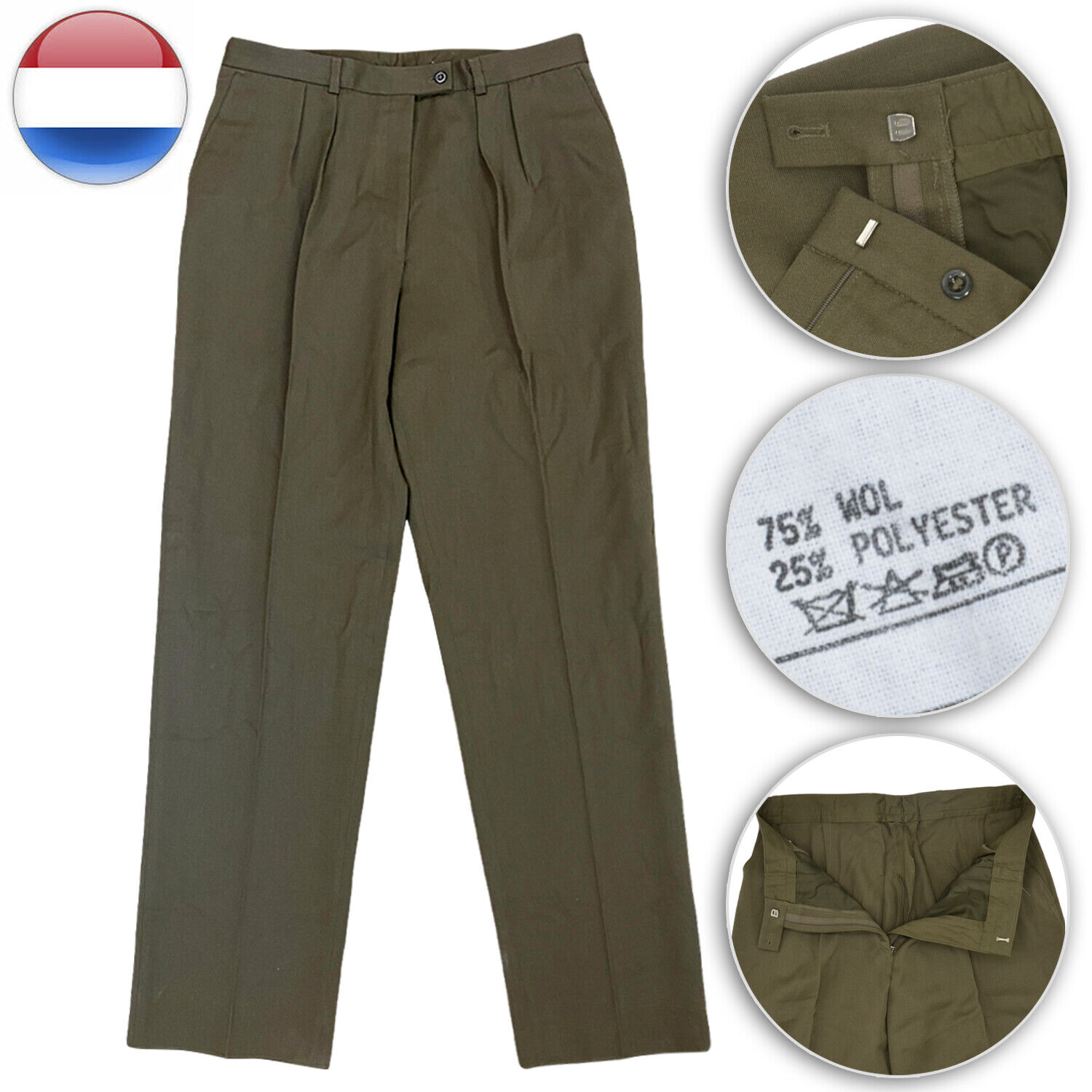 Wool 75% Dutch Army Trousers Pants Brown Khaki Dress Uniform Casual Retro ZIP