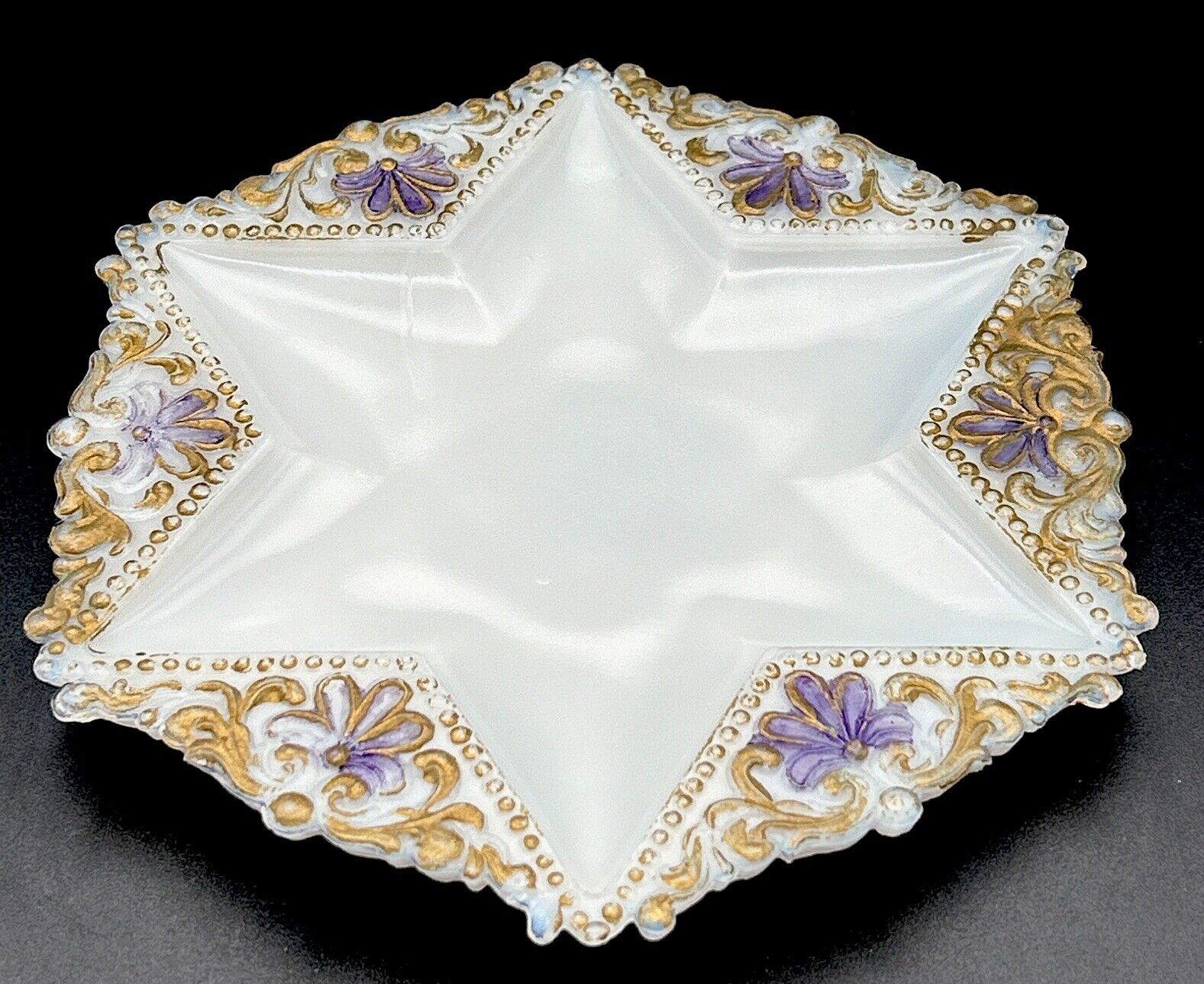 Antique White Milk Glass Star Shaped Trinket Dish, Opalescent Edge, Gold Purple.