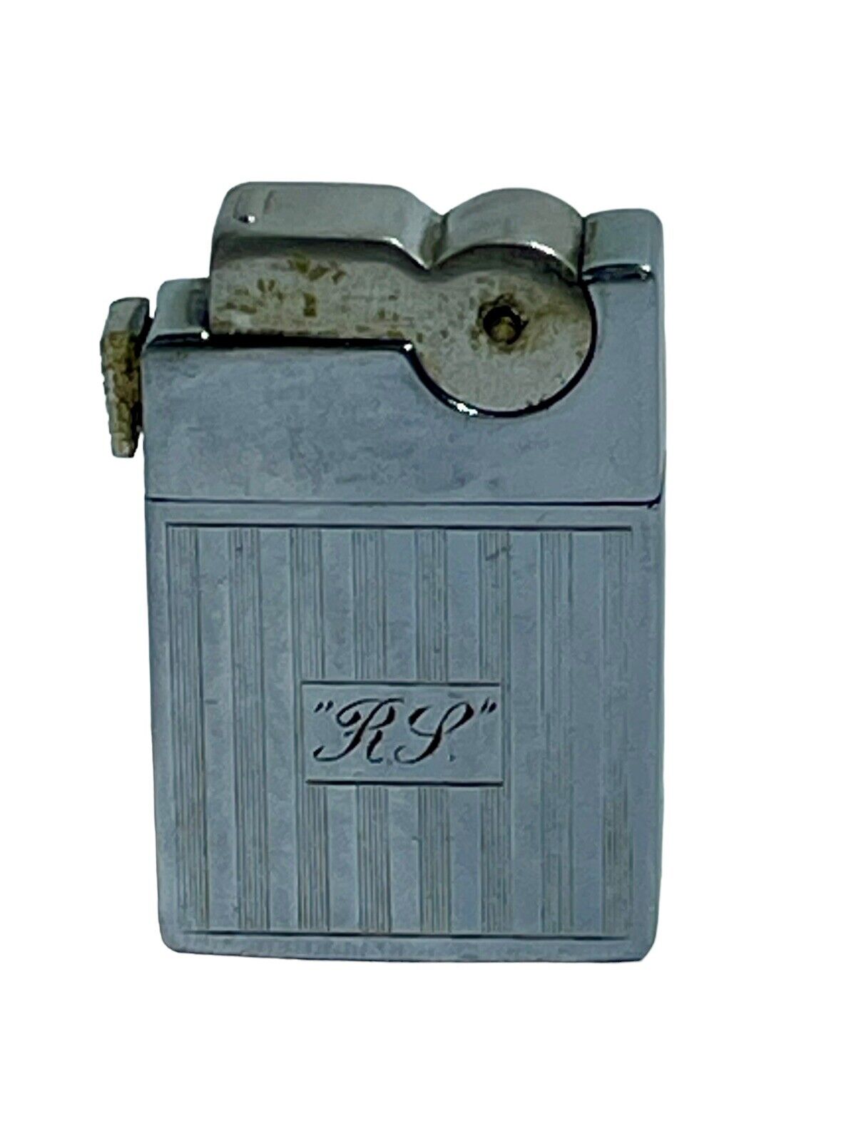 Vintage ASR Art Deco Striped Push Lever Mechanism Short Automatic Pocket Lighter