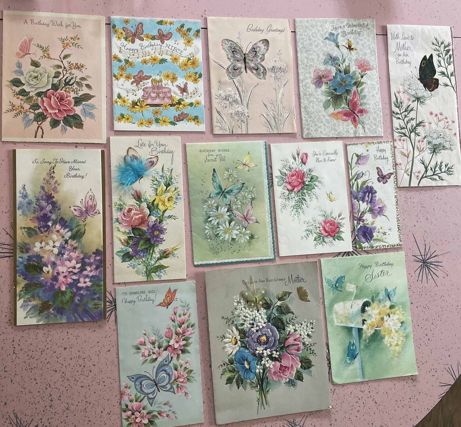Vtg Birthday Greeting Card Lot 13 Butterflies Flower Crafts Pastels Glitter B4