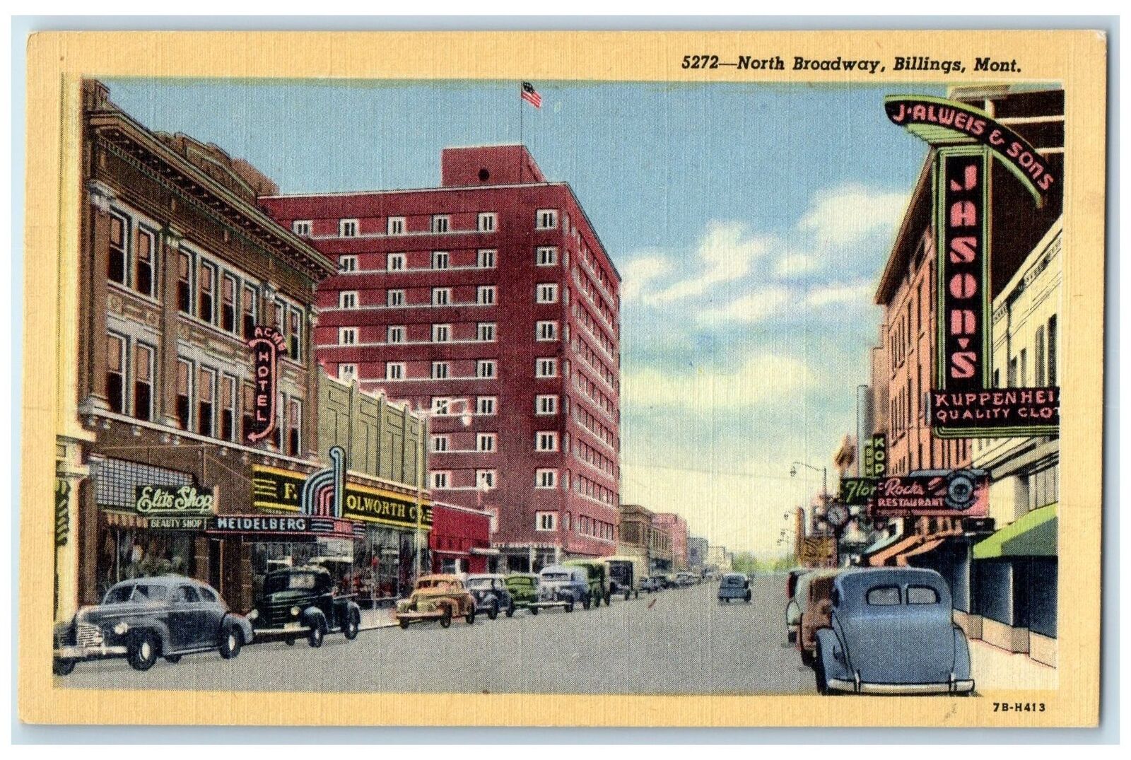 c1940's North Broadway Business District Billings Montana MT Unposted Postcard