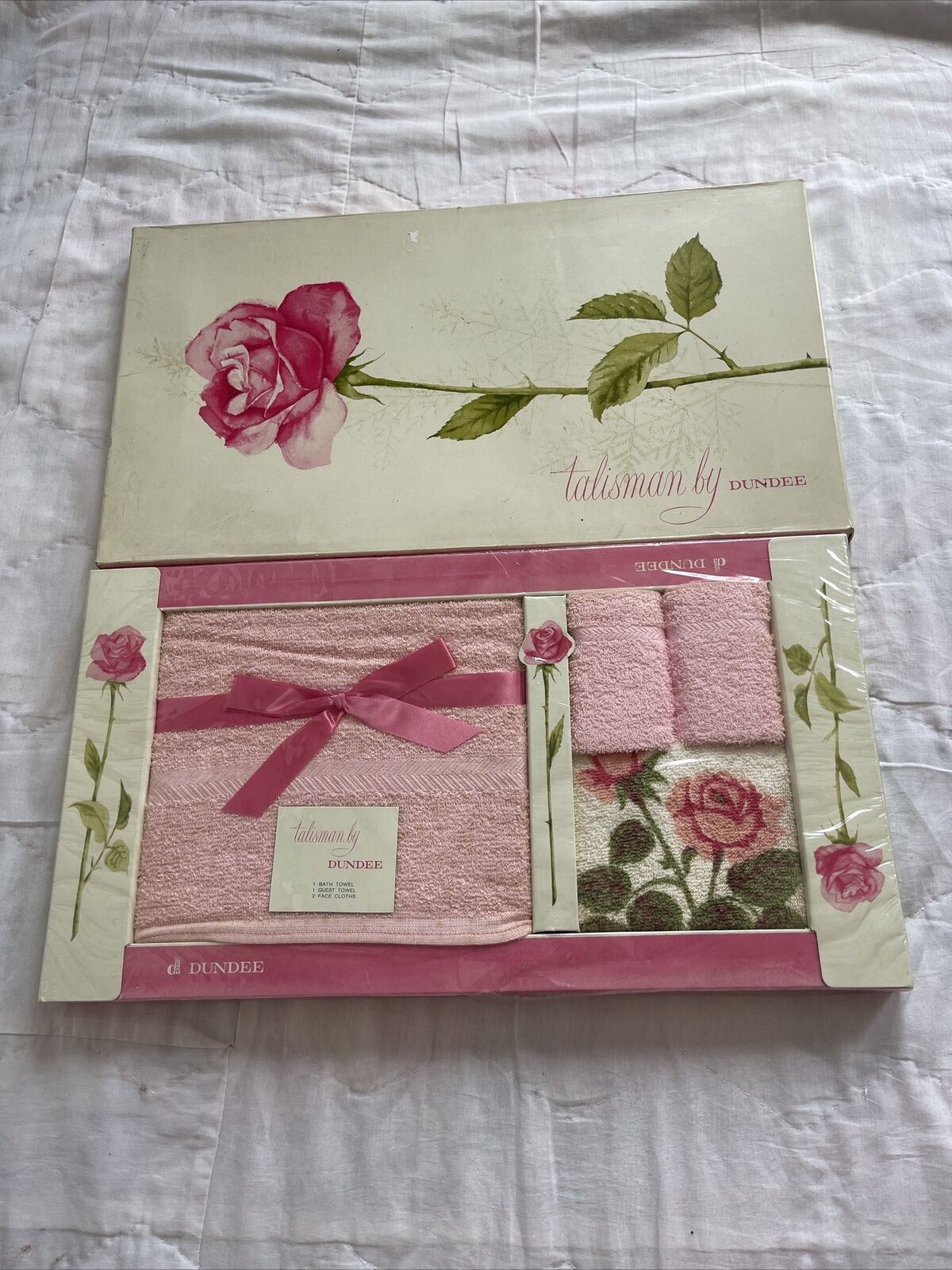 NOS Vintage Dundee Talisman Pink Green Floral Bath Towel 4 Piece Set NEW SEALED
