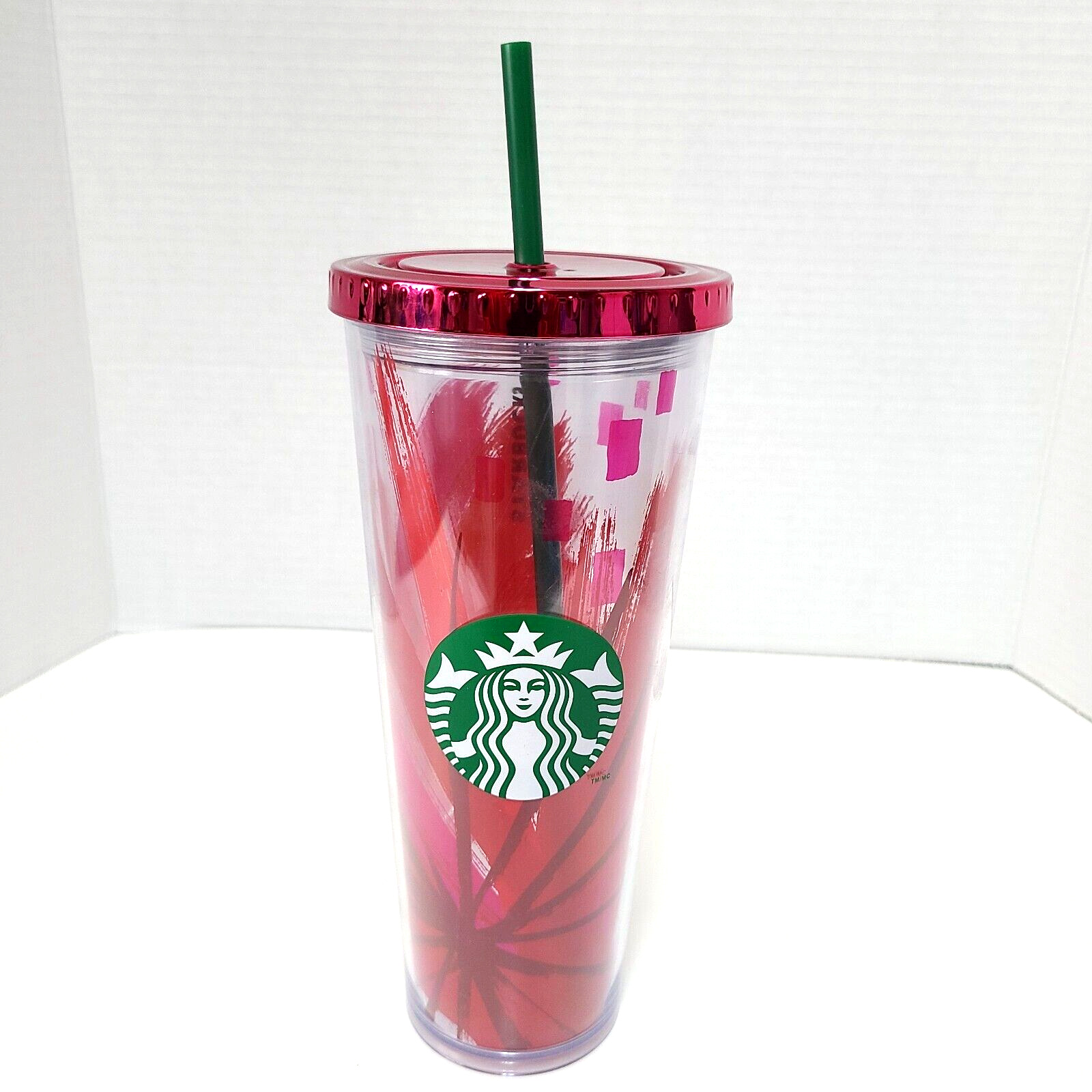 Starbucks Tumbler 2014 24oz  Red Pink Floral Cup Metallic Lid Green Straw RARE