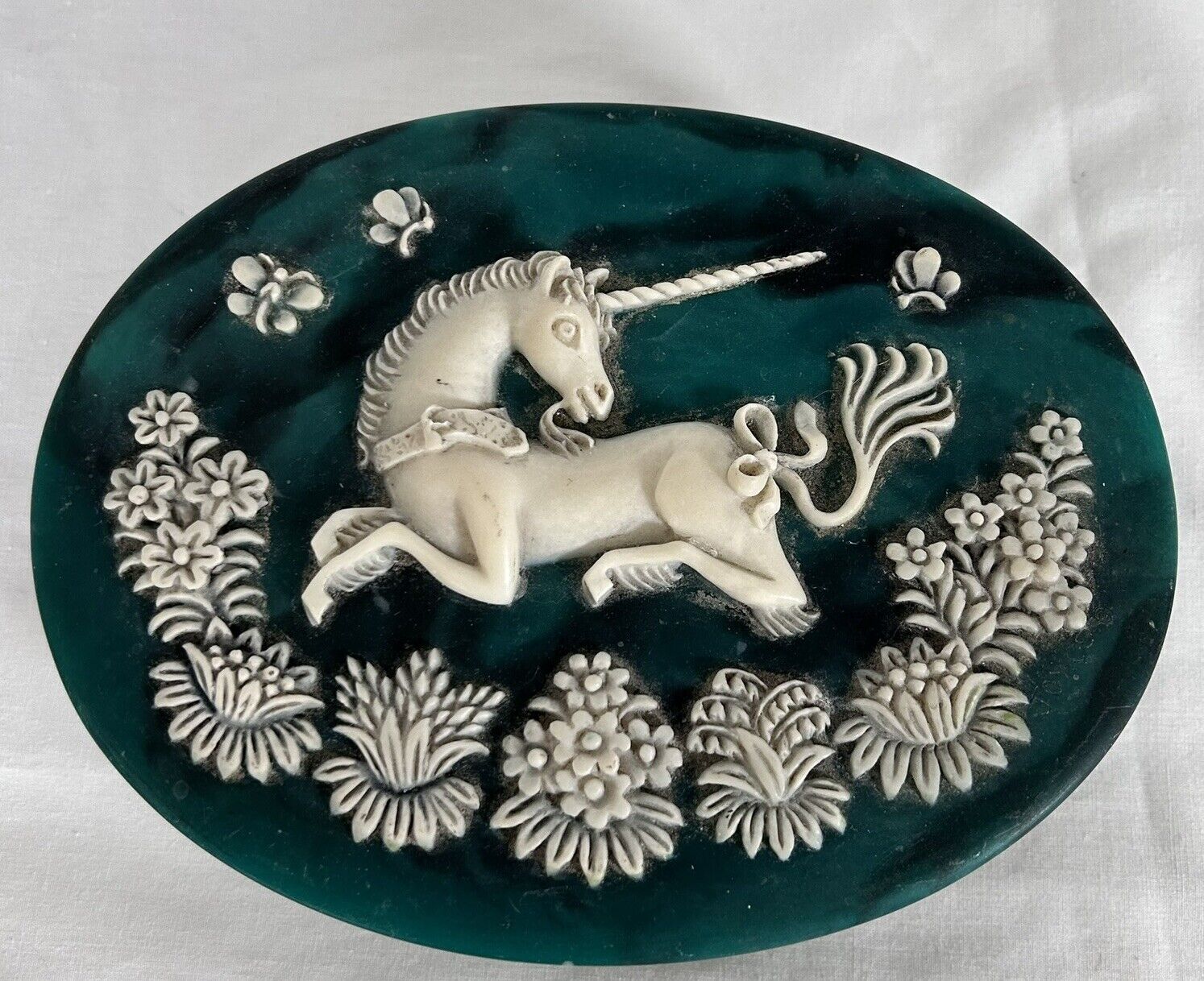 Vintage Incolay Unicorn Jewelry Box Teal And White, Mint Condition