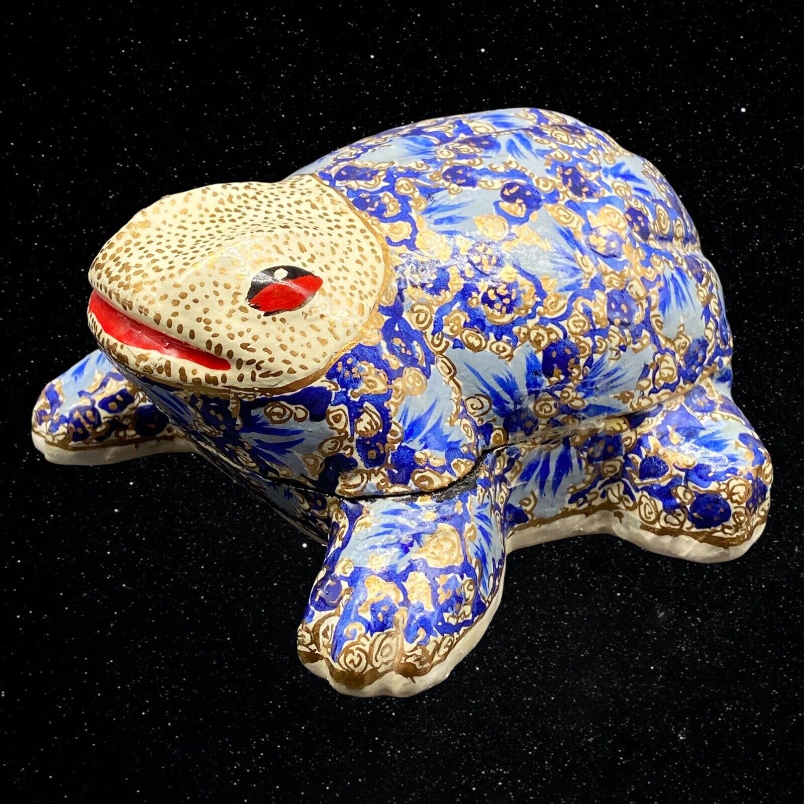 Vintage Hand Painted Paper Mache Frog Trinket Box Made In India 2.5”T 4.5”W