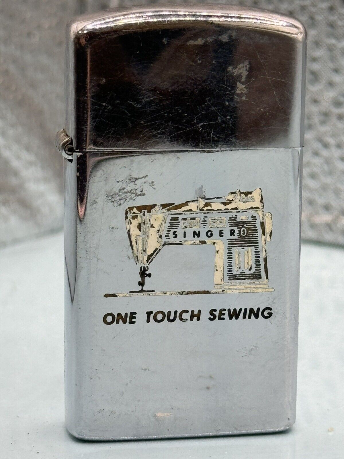 Vintage 1971 One Touch Sewing Advertising HP Chrome Slim Zippo Lighter