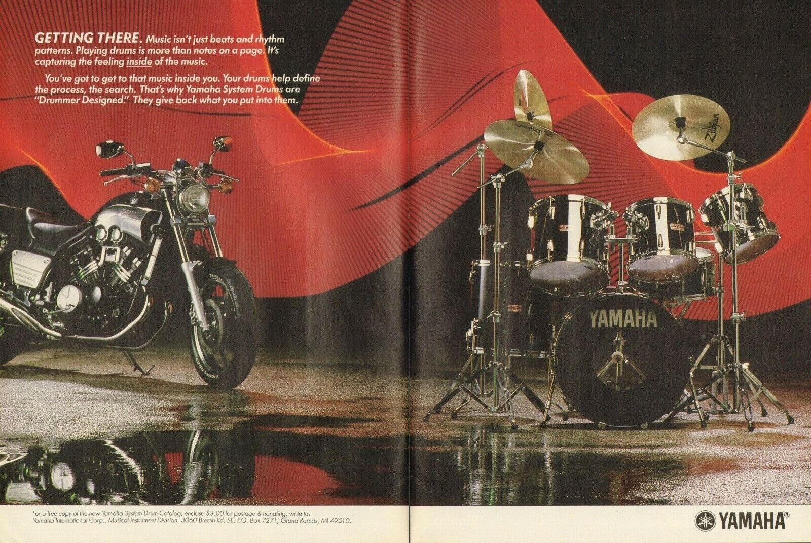 1986 2pg Print Ad of Yamaha System Drum Kit & Motorcycle