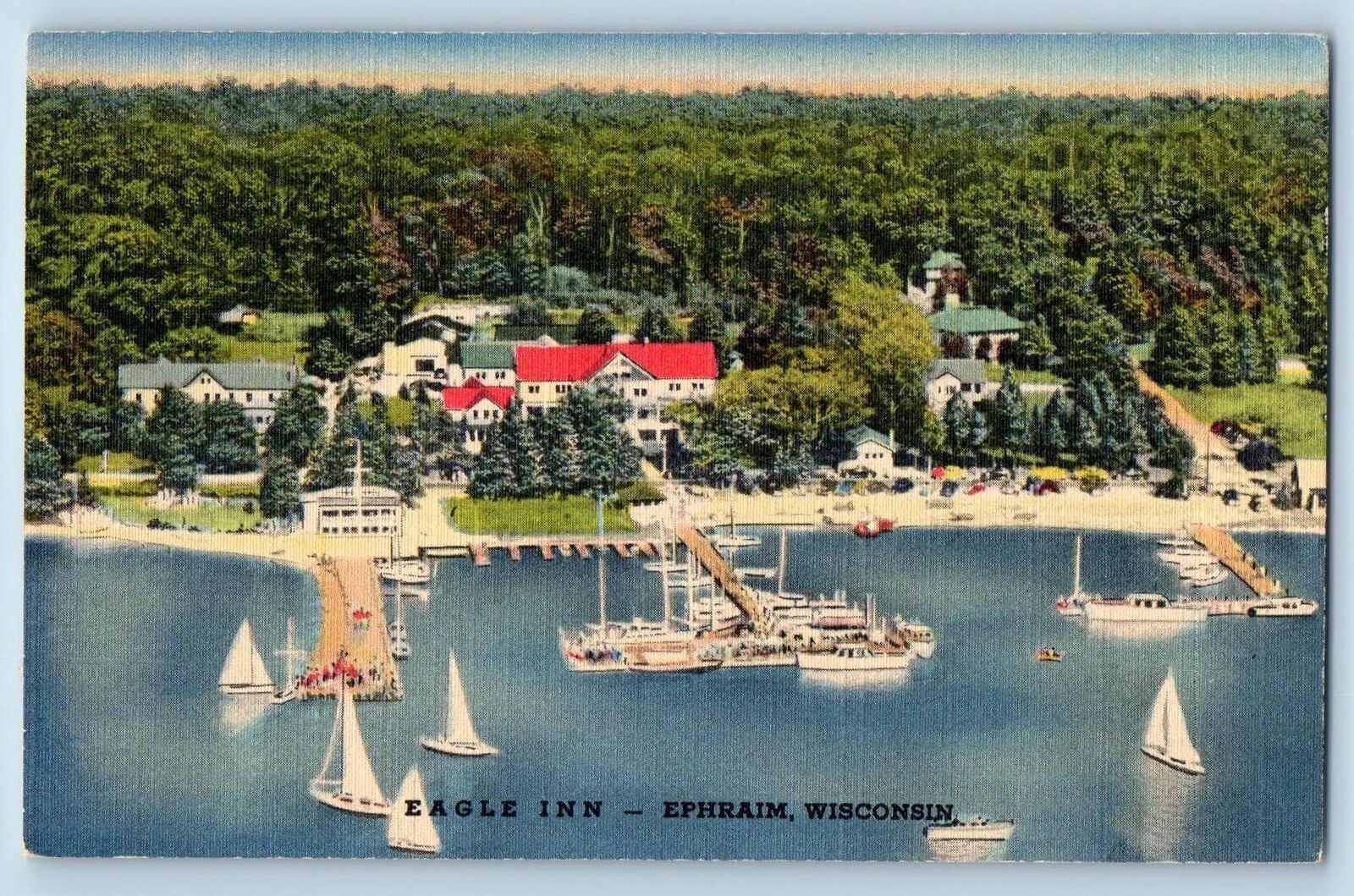 Ephraim Wisconsin WI Postcard Bird's Eye View Of Eagle Inn c1940s Vintage Boats