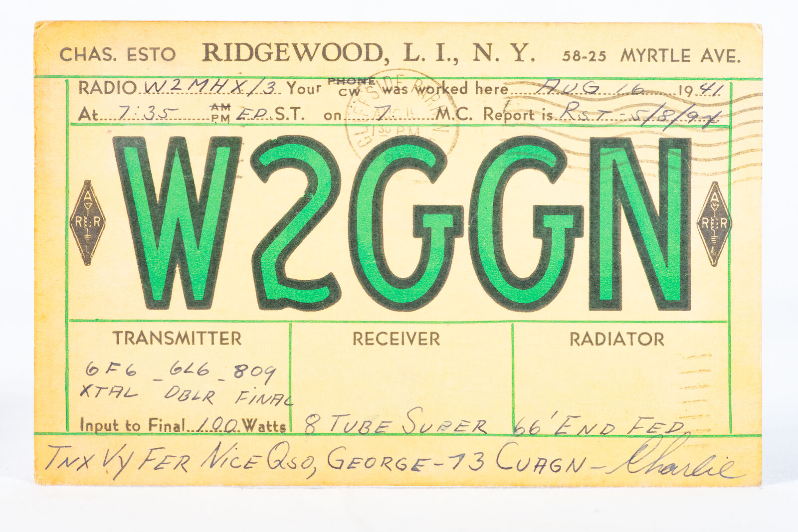 1941 Amateur Ham Radio QSL Card Ridgewood LI NY W2GGN Charlie