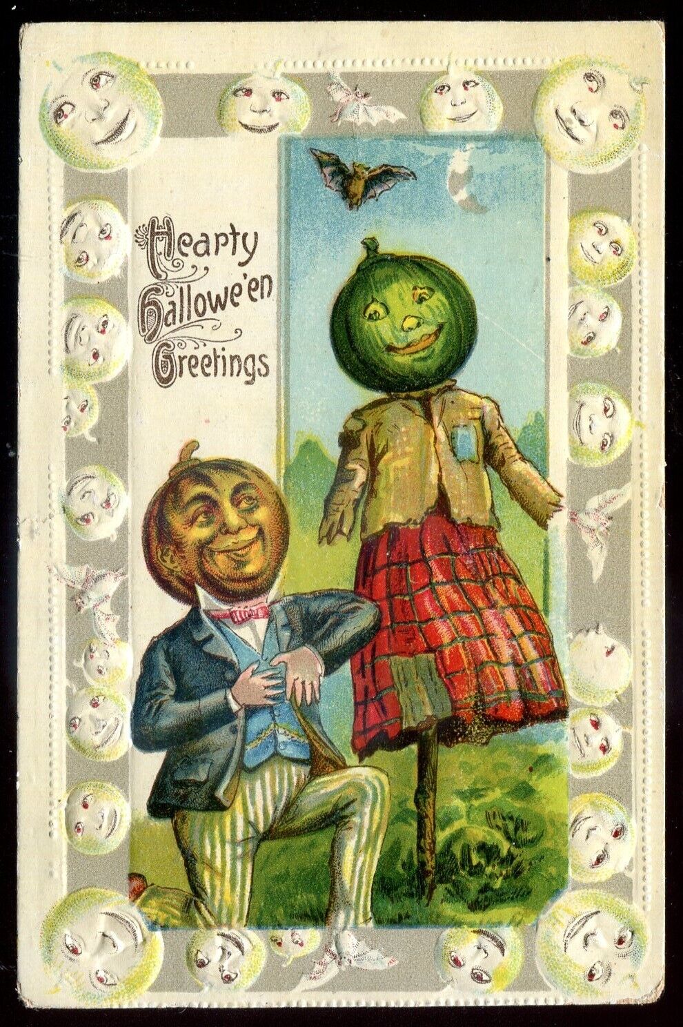 HALLOWEEN Postcard 1911 Embossed JOL Scarecrow Dressed Pumpkin Bat