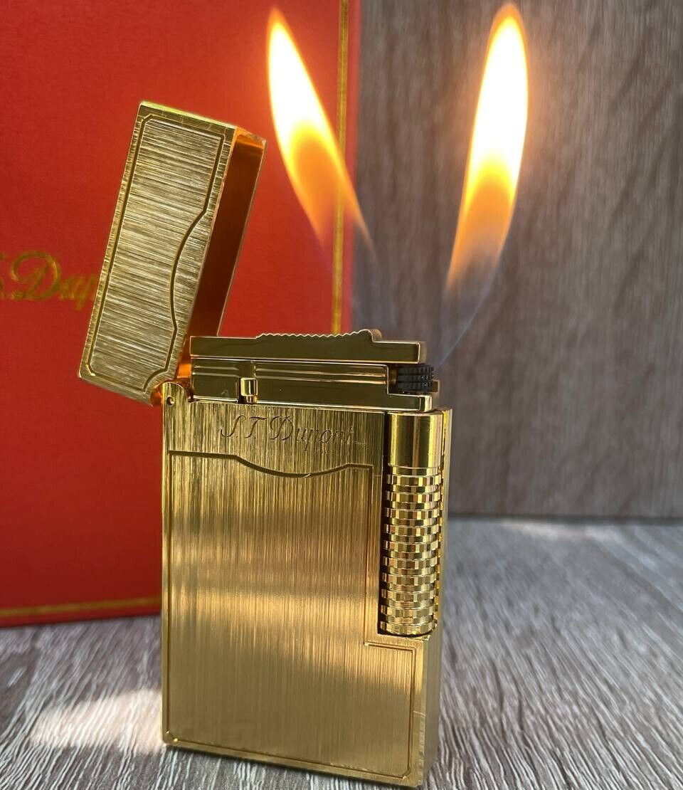 S.T. DUPONT Gas Lighter Two Lights Gold Ligne 2 Gift Box Working France Dupond