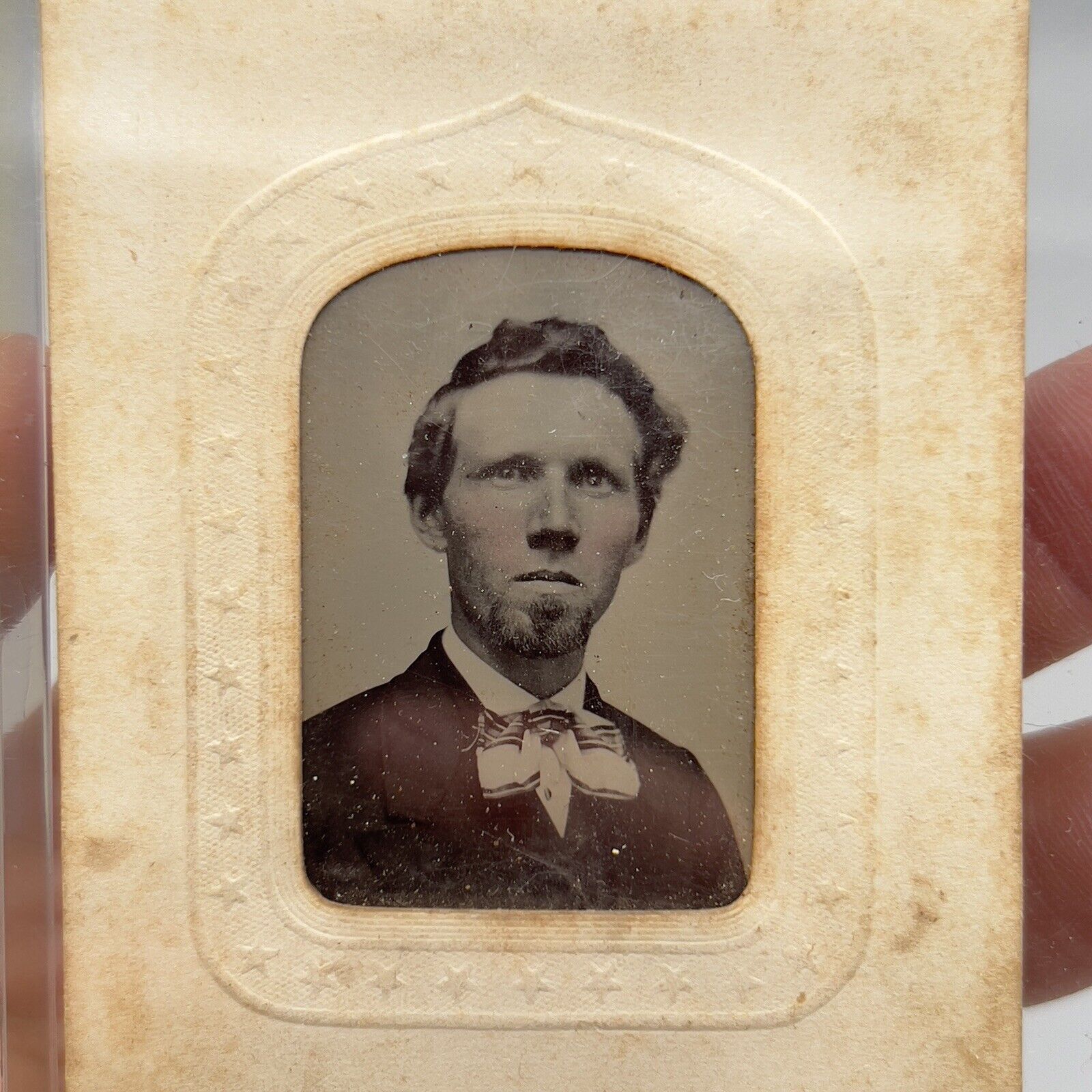 Old Civil War era Antique Tintype Photo Young Beard Man in Patriotic Frame