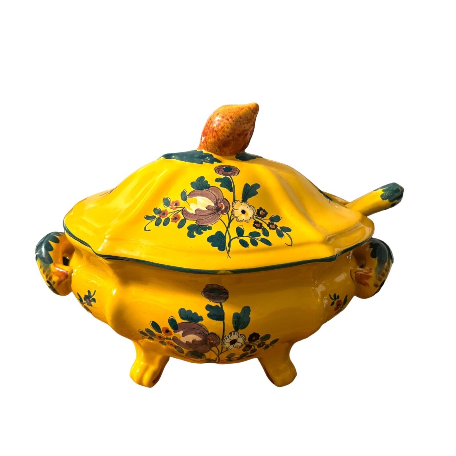 Vintage Italian Pottery Covered Soup Tureen and Ladle Yellow floral