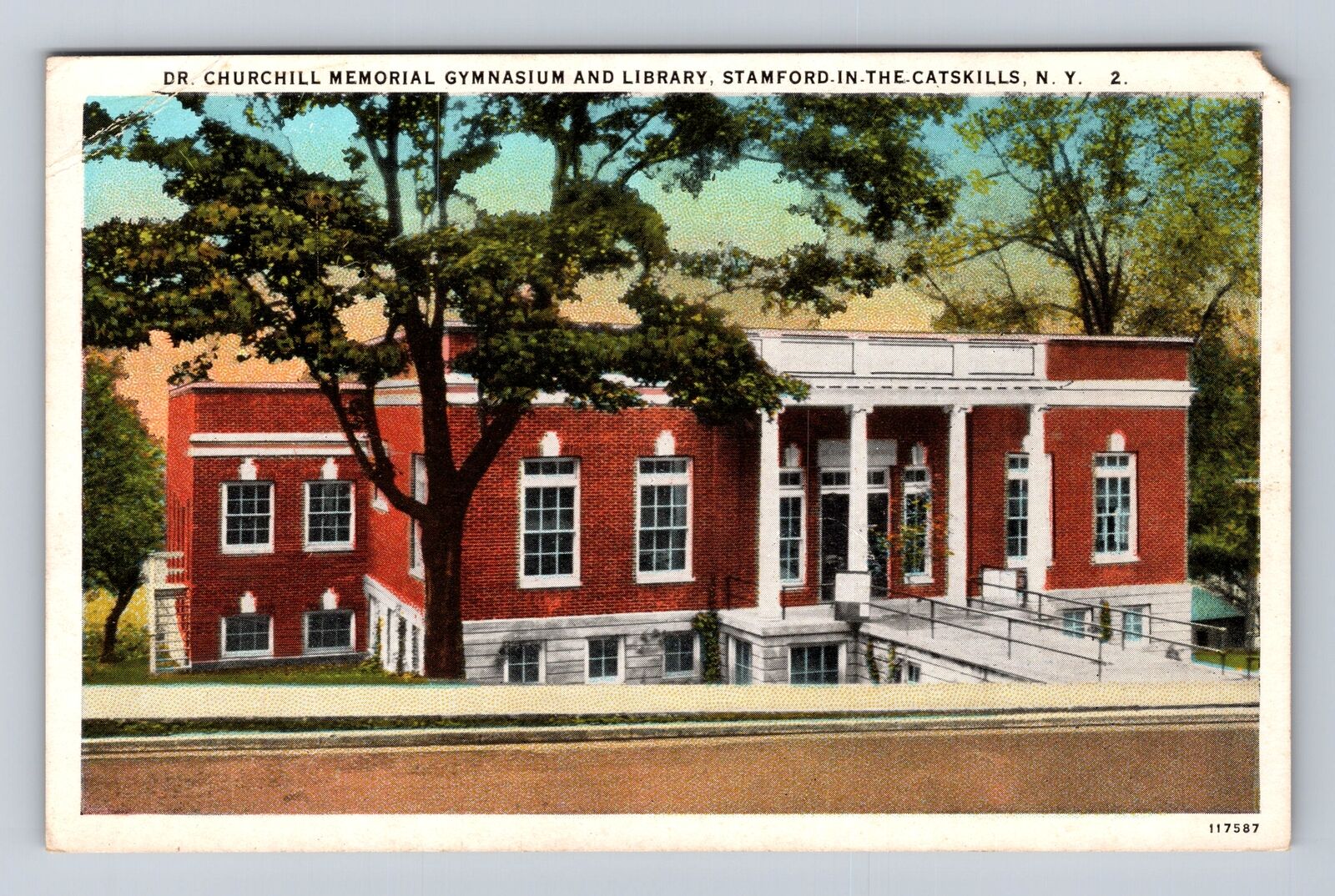 Stamford NY-New York Catskills Dr Churchill Gymnasium & Library Vintage Postcard