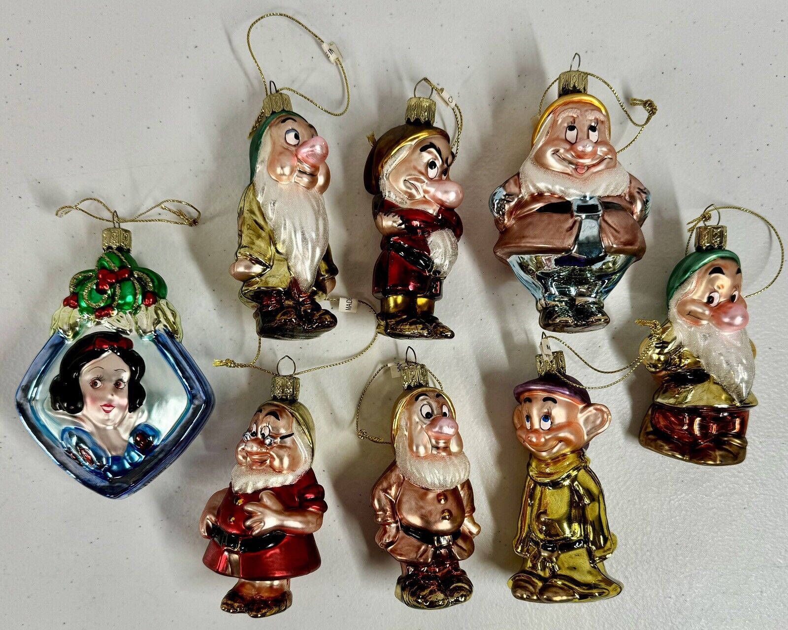 Vintage 4” Disney Snow White & The Seven Dwarves Hand Blown Christmas Ornaments