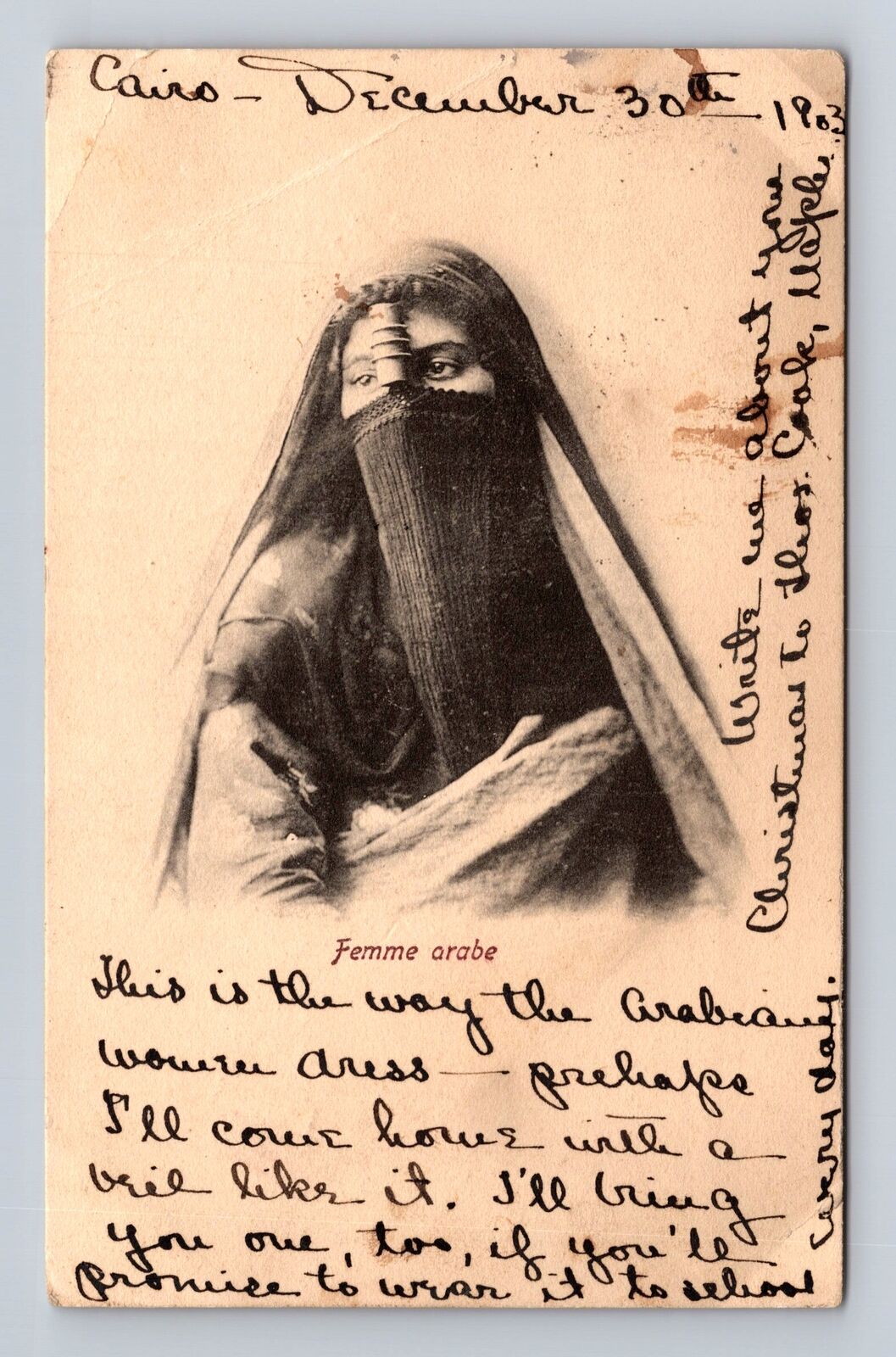 Femme Arabe, Arabic Woman In Hajib, Egypt, Vintage c1904 Postcard