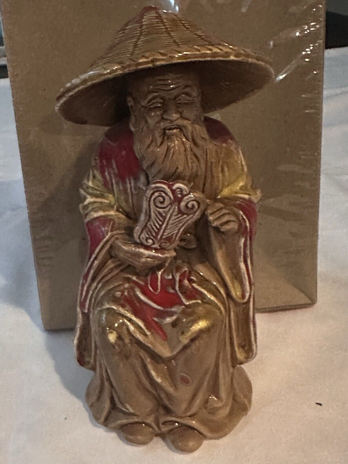 RARE Old Oriental Village Man sitting  with Farmers Conical Hat HUMBLE & WISE