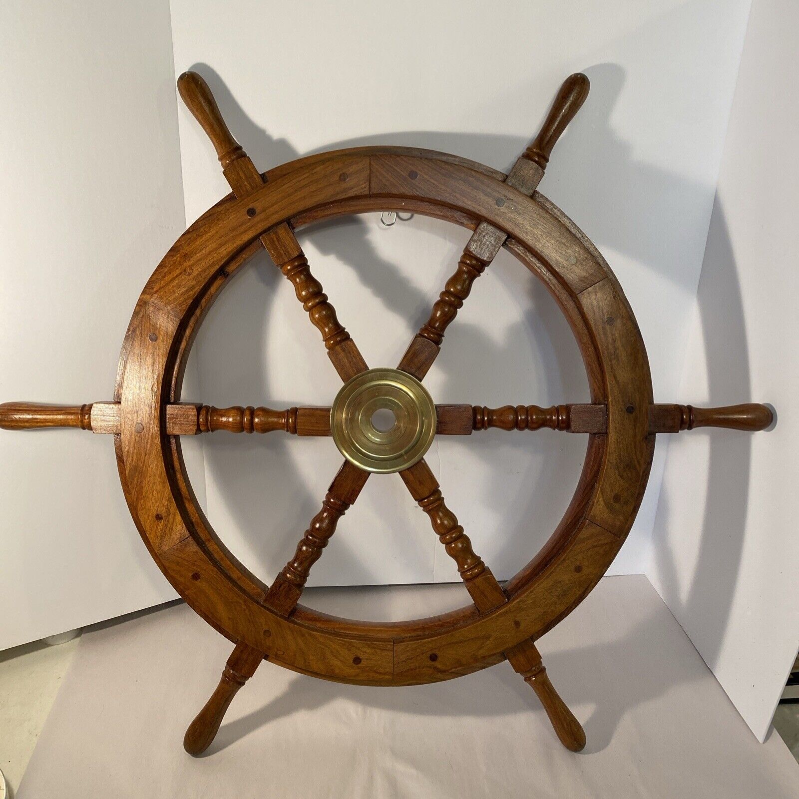 30 1/2” Big Ship Steering Wheel Wooden & Brass Nautical Boat Wood Wall Display