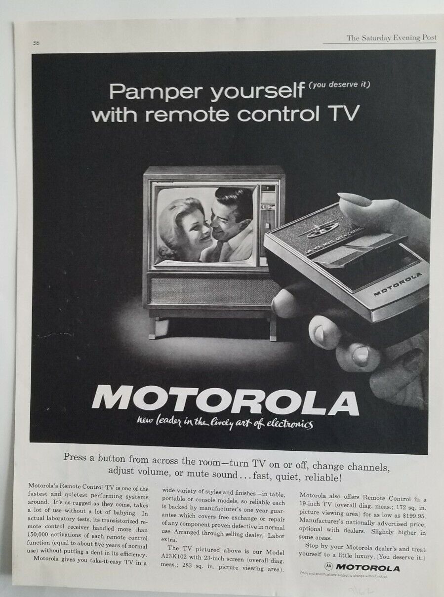 1962 Motorola Television TV pamper yourself with remote control vintage  ad 