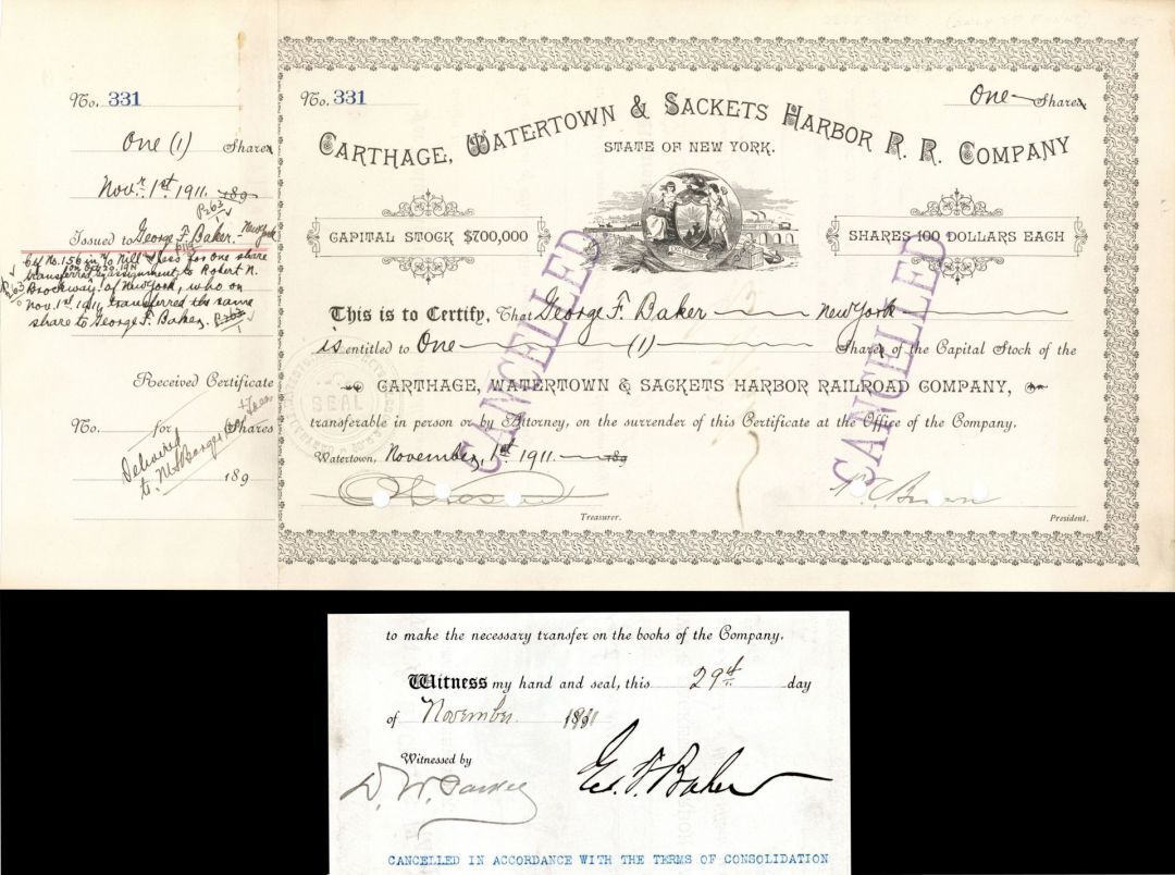Carthage, Watertown and Sackets Harbor R.R. Co. Issued to and Signed by George F