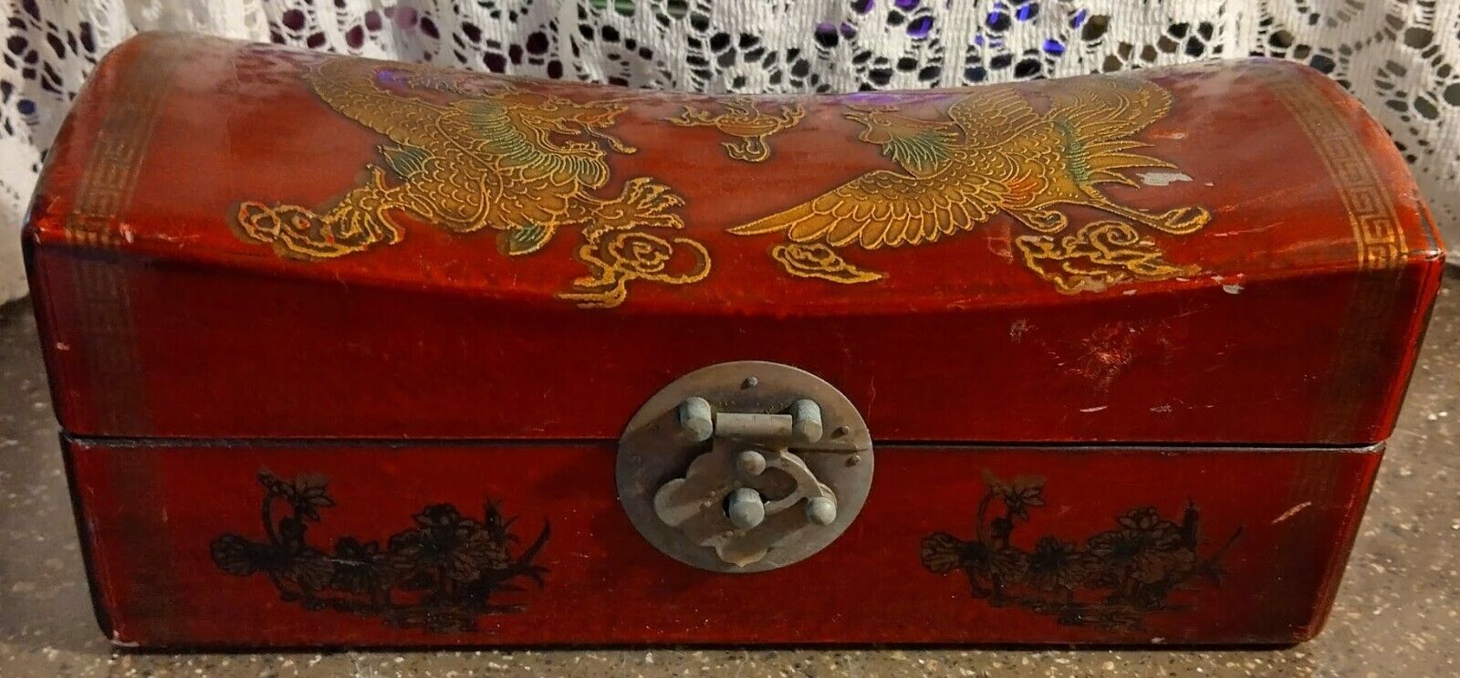 Chinese wood Pillow Box With Dragons VTG Hasp Latch Lock