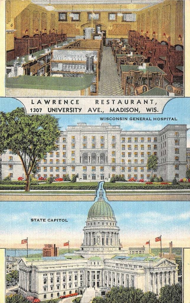 MADISON, Wisconsin WI    LAWRENCE RESTAURANT~GENERAL HOSPITAL~CAPITOL  Postcard