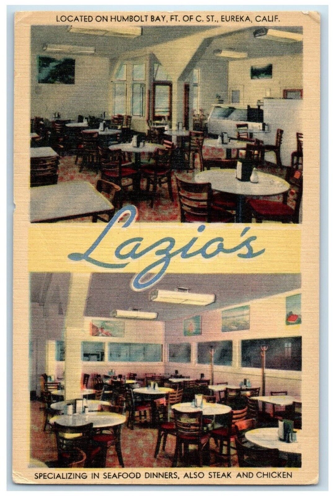 c1950's Lazio's Restaurant Seafood Dinners Eureka California CA Vintage Postcard