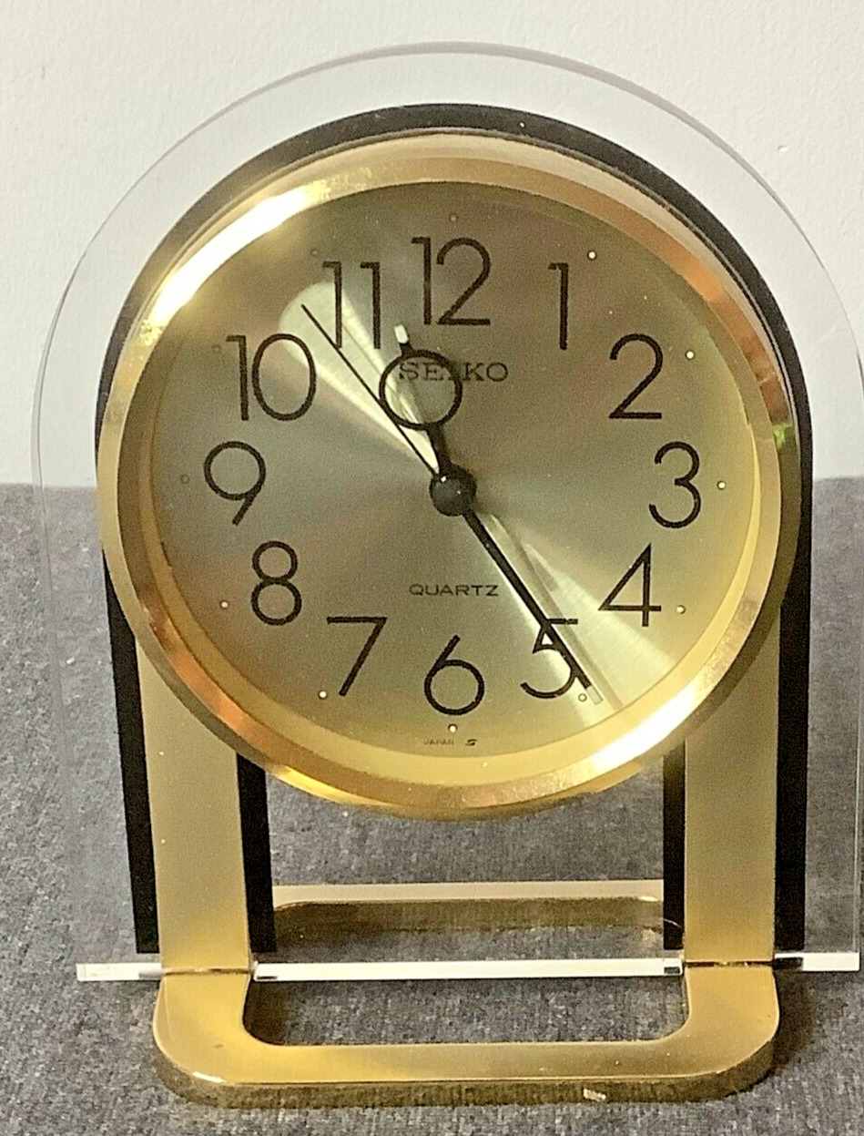 Vintage Seiko Brass And Acrylic Quartz Desk Alarm Clock Japan Tested Works