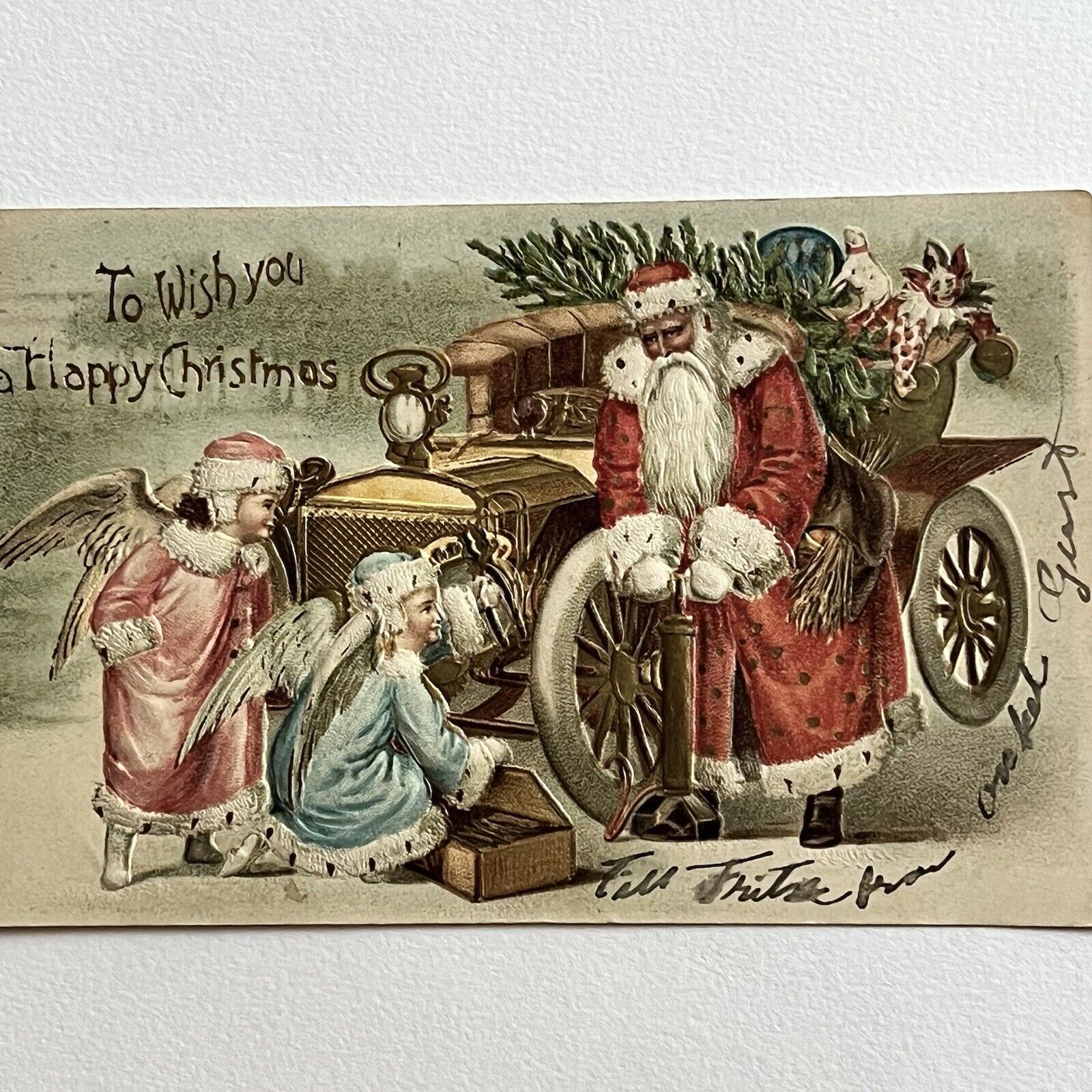 Antique Embossed Christmas Postcard Tuck 304 Santa & Angels Changing Car Tire