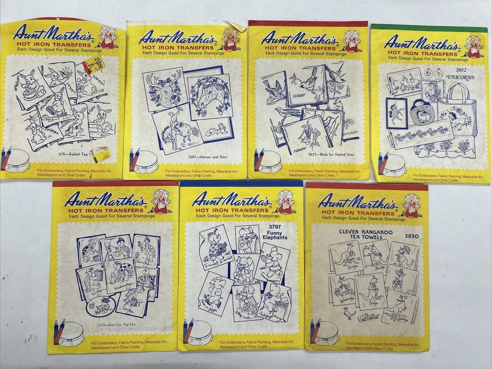 Aunt Martha’s Hot Iron Transfers Lot Of 7 Animals And Birds Unopened
