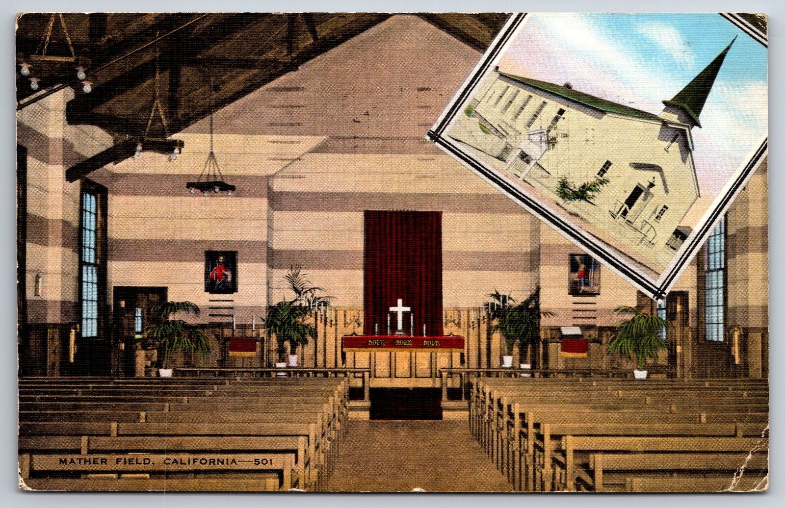 Mather Field California~Church Interior @ Air Force Base~PM 1943~Linen Postcard