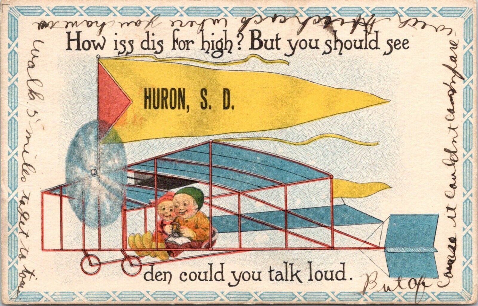 Huron SD~1913 Biplane Pennant~How Iss Dis For High~See Den You Talk Loud~1913