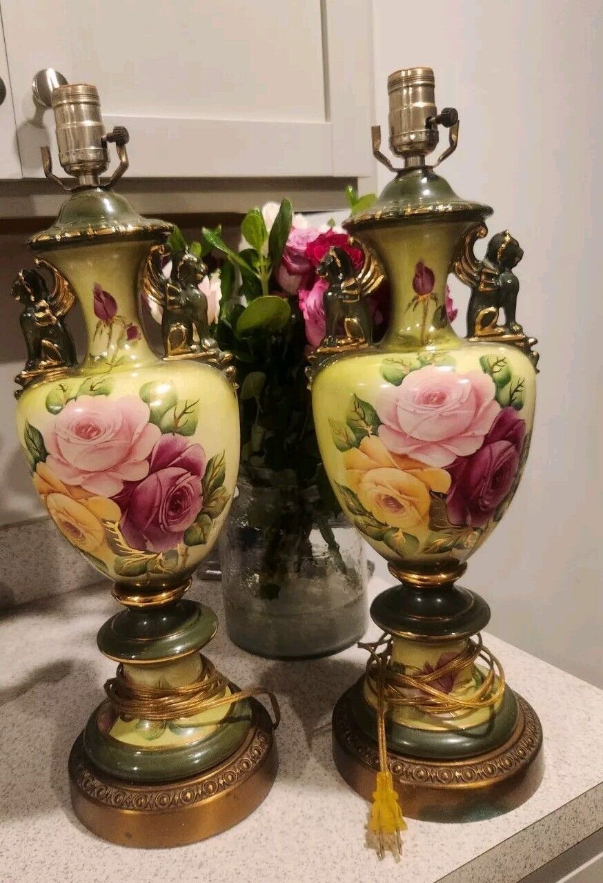 Pair Rose Floral Porcelain Table Lamp Vintage Victorian Urn signed