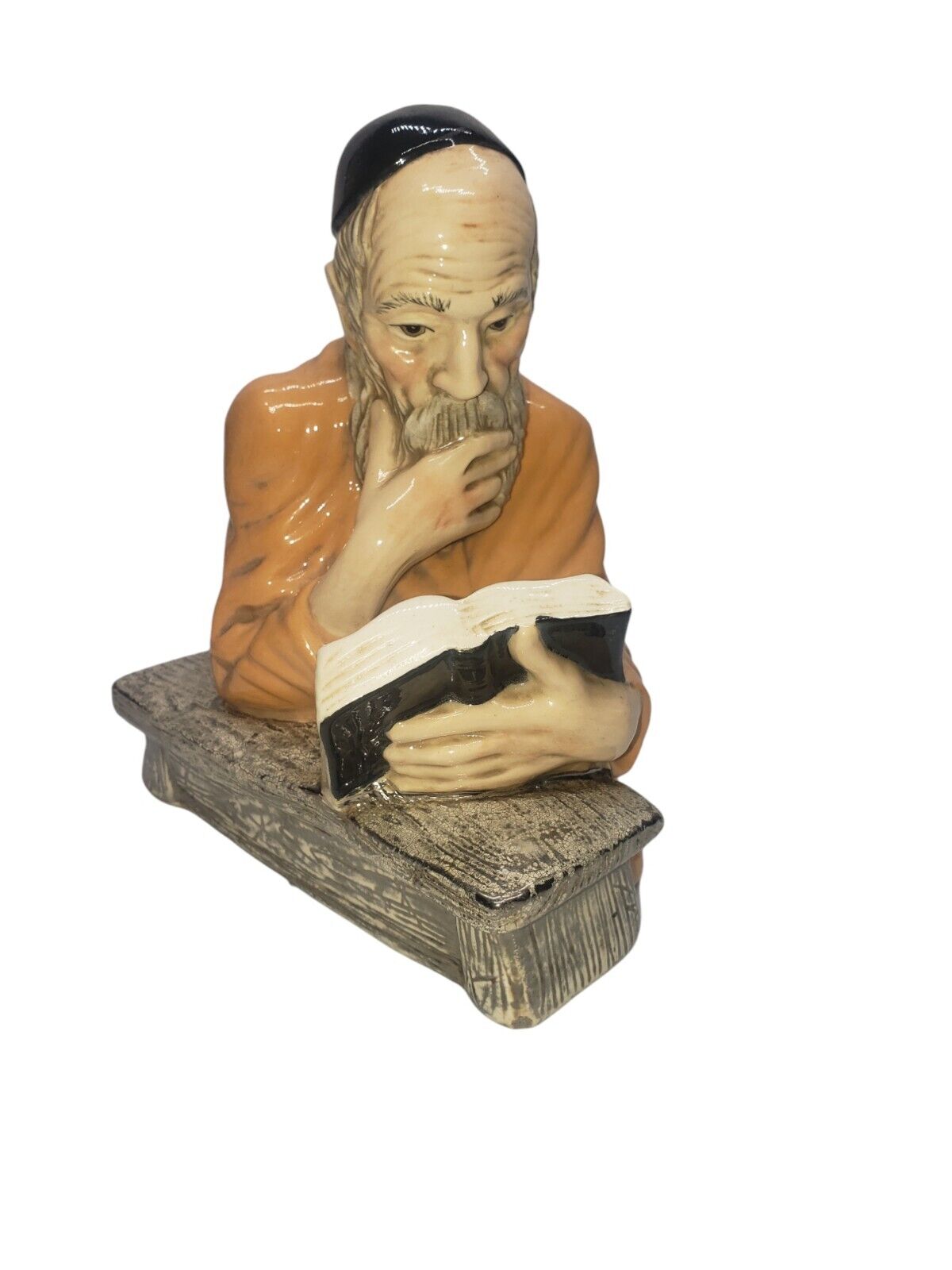 Vintage Judaica Rabbi Praying Ceramic Statue On Marble Stand Signed