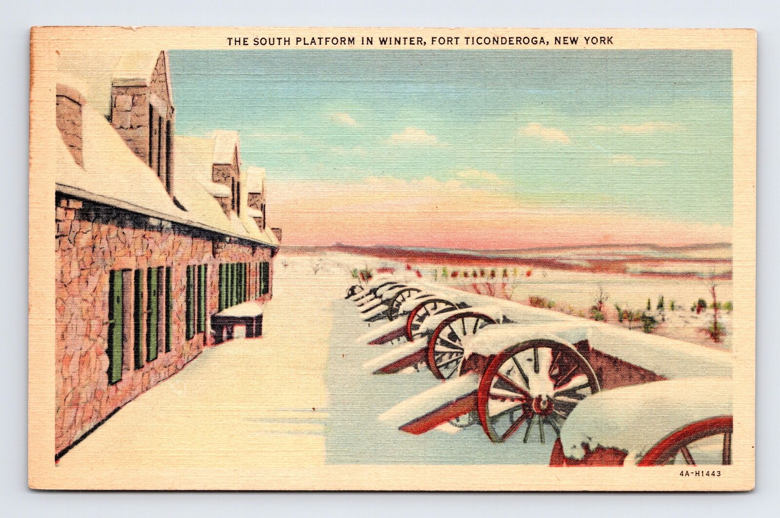 c1934 Postcard Fort Ticonderoga NY New York South Platform in Winter Cannons