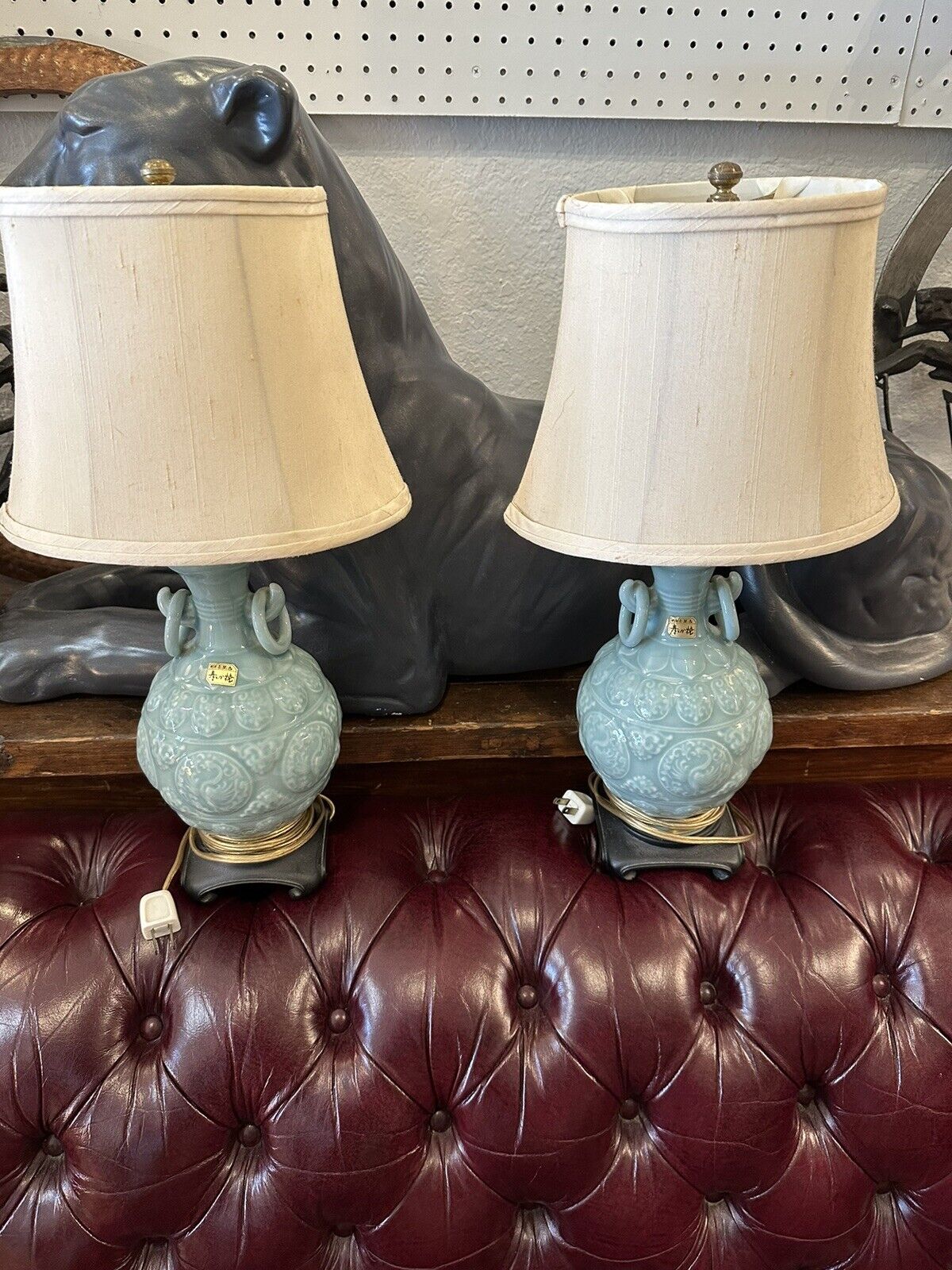 Pair Of Vintage Chinese Celadon Lamps