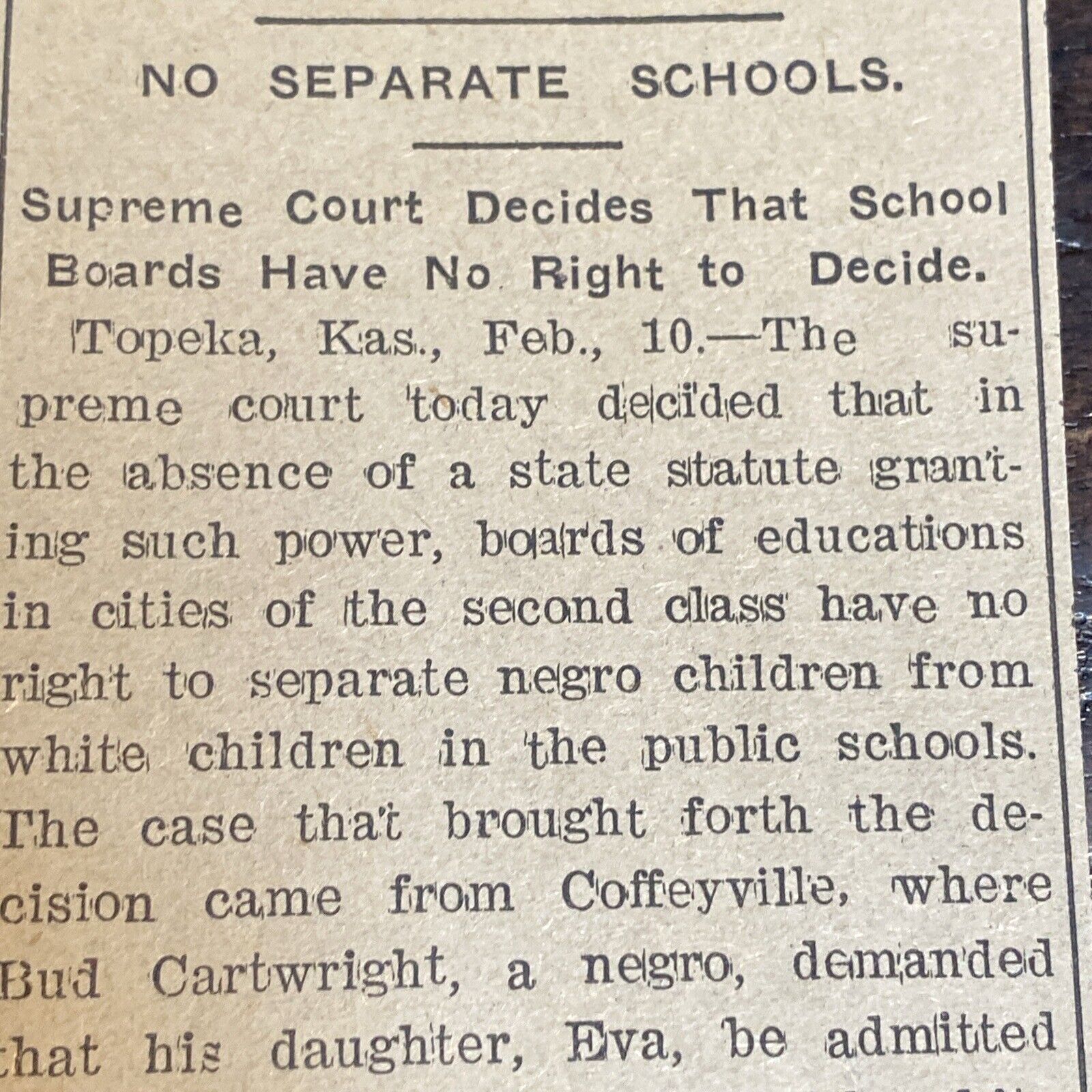 1906 Kansas Anti Segregation In Public Schools Supreme Court Newspaper Clipping