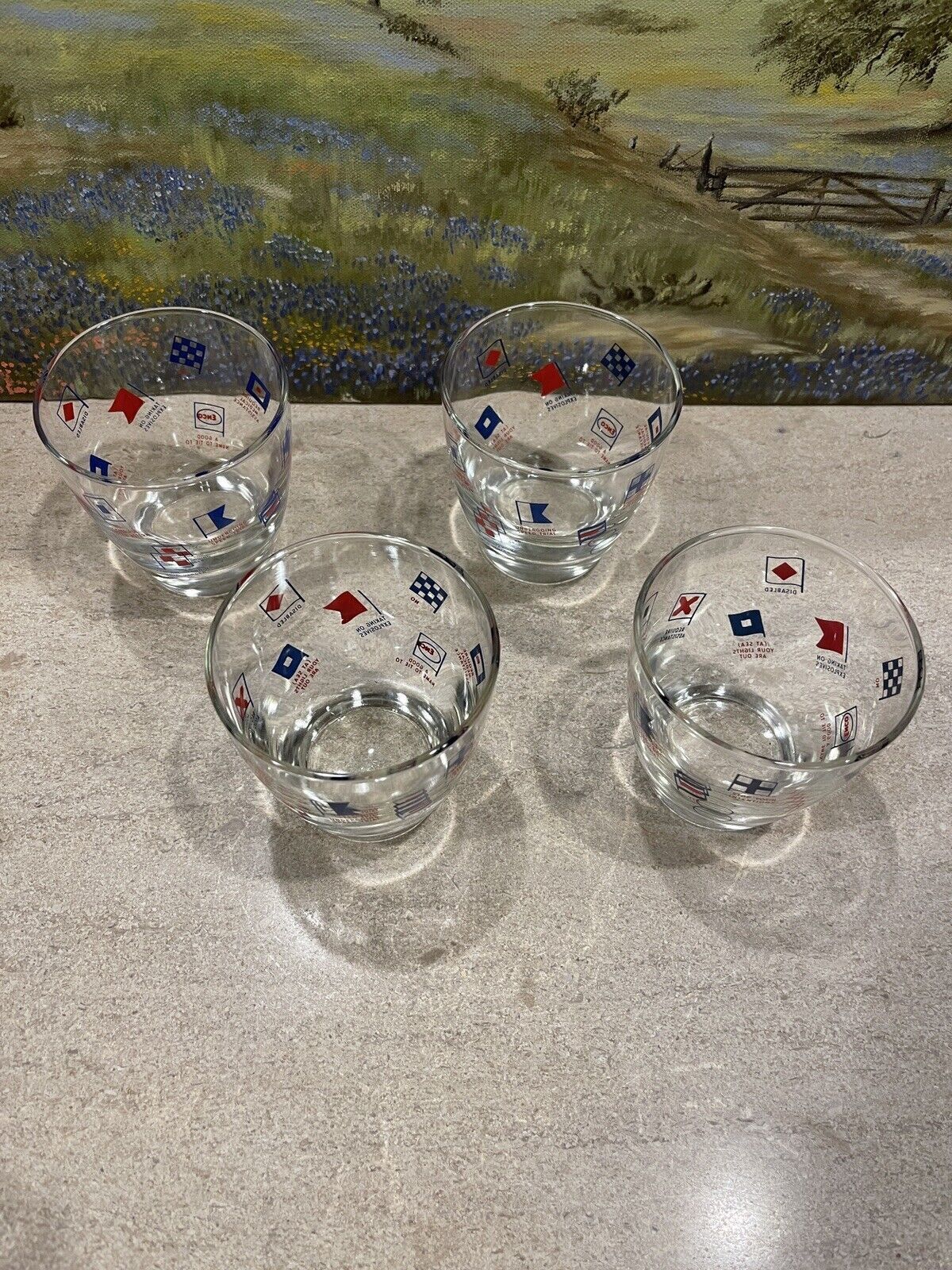 Enco Oil Nautical Flag Glasses Exxon Advertising Glass (Set of 4)