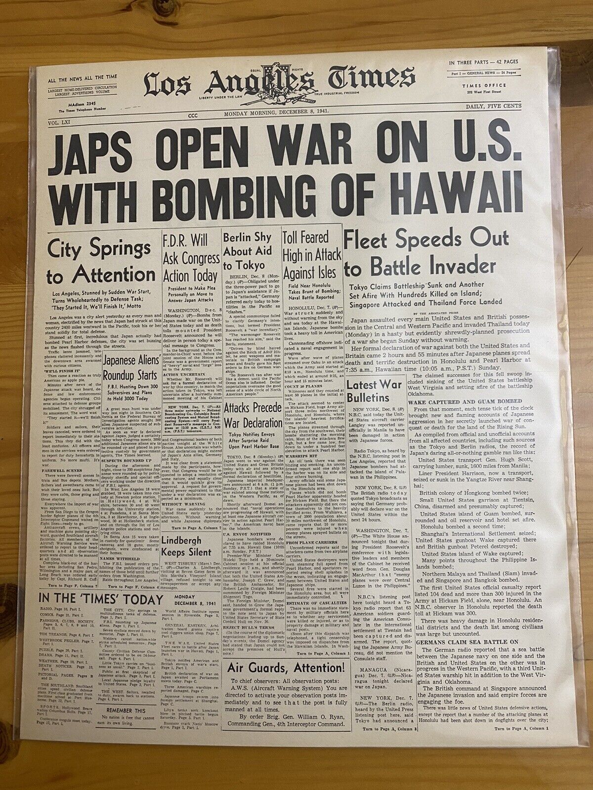 VINTAGE NEWSPAPER HEADLINE~JAPANESE PLANES BOMB PEARL HARBOR HAWAII WW2 1941 WAR