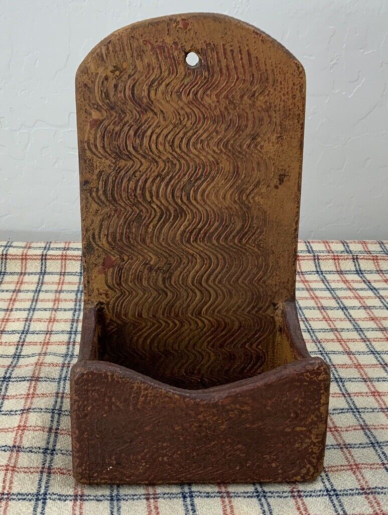 Vintage Primitive Wood Wall Box, Candle Box, Grain Painted, Mustard, Rust