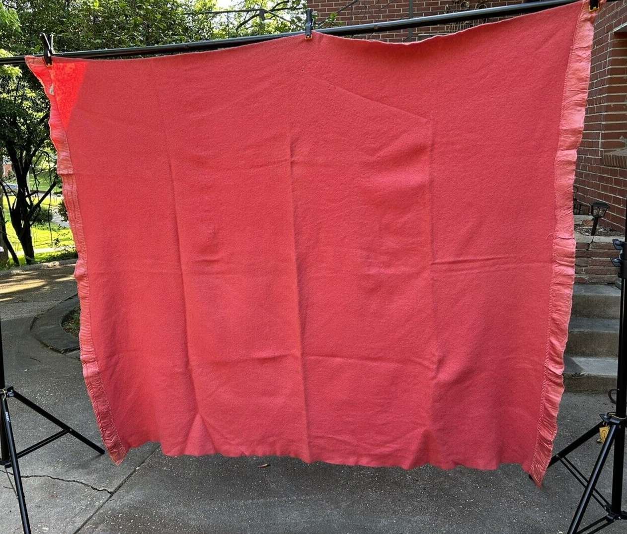 Vtg Wool Blanket Mid-century J C Penney pink satin trim 64x74 Golden Dawn tag