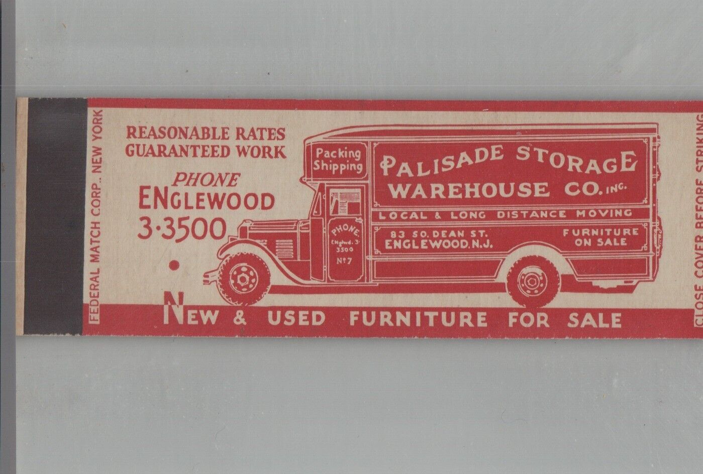 Matchbook Cover Palisade Storage Warehouse Co. Englewood, NJ Federal Tall Sample